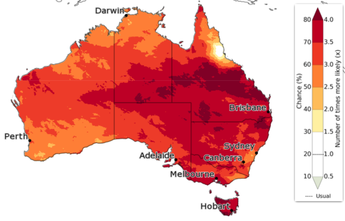 A weather map showing Australia and the chances of parts of the country recording extremely hot autumn temperatures.