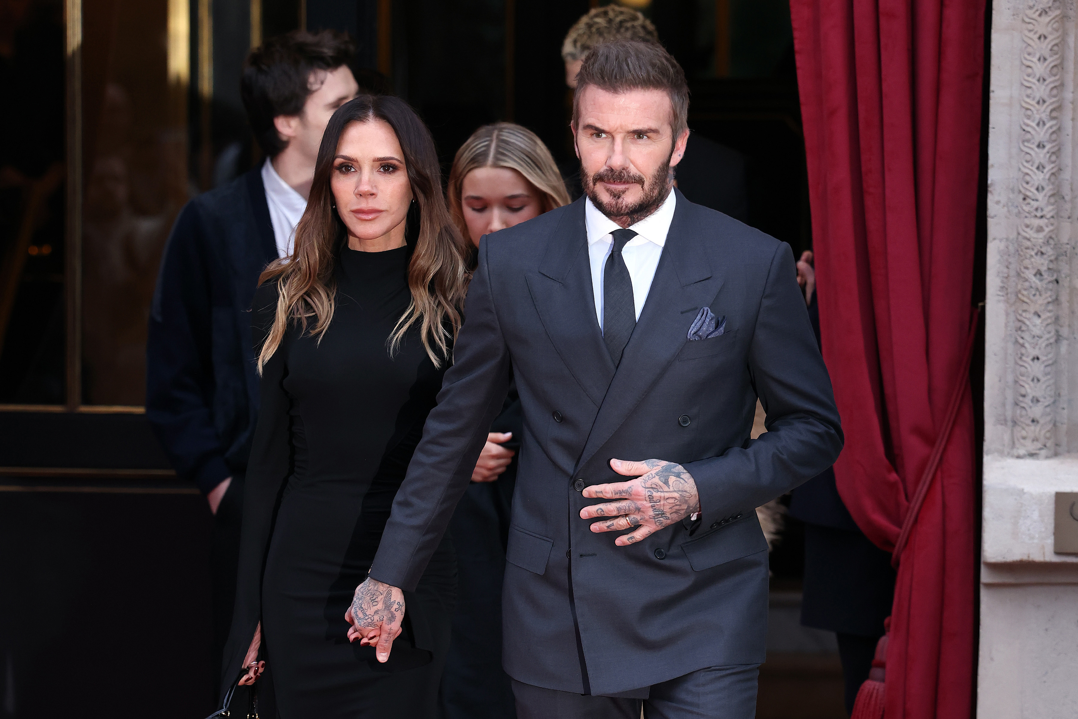 Victoria Beckham and David Beckham and family leaving their hotel during Haute Couture Spring Summer 2026 as part of Paris Fashion Week on January 26, 2026 in Paris, France. 