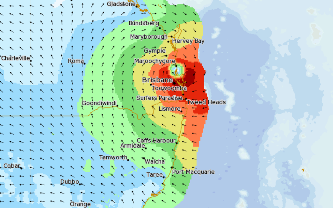 A map showing Cyclone Alfred's predicted landfall on Friday morning.