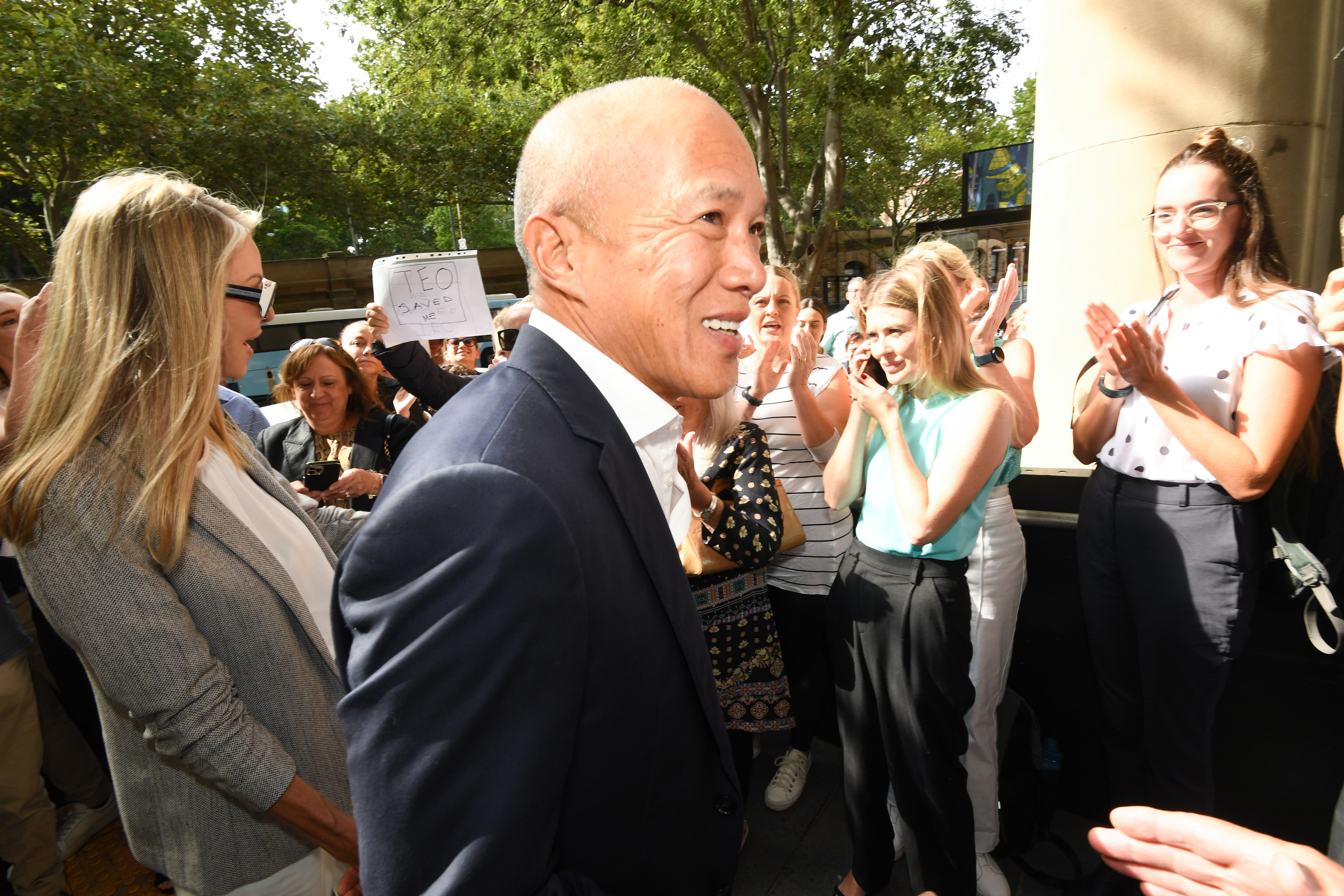 Photo shows, Dr CHARLIE TEO arrives to a large crowd of supporters before entering the Commission hearing. Photo Peter Rae. Monday 13 February, 2023