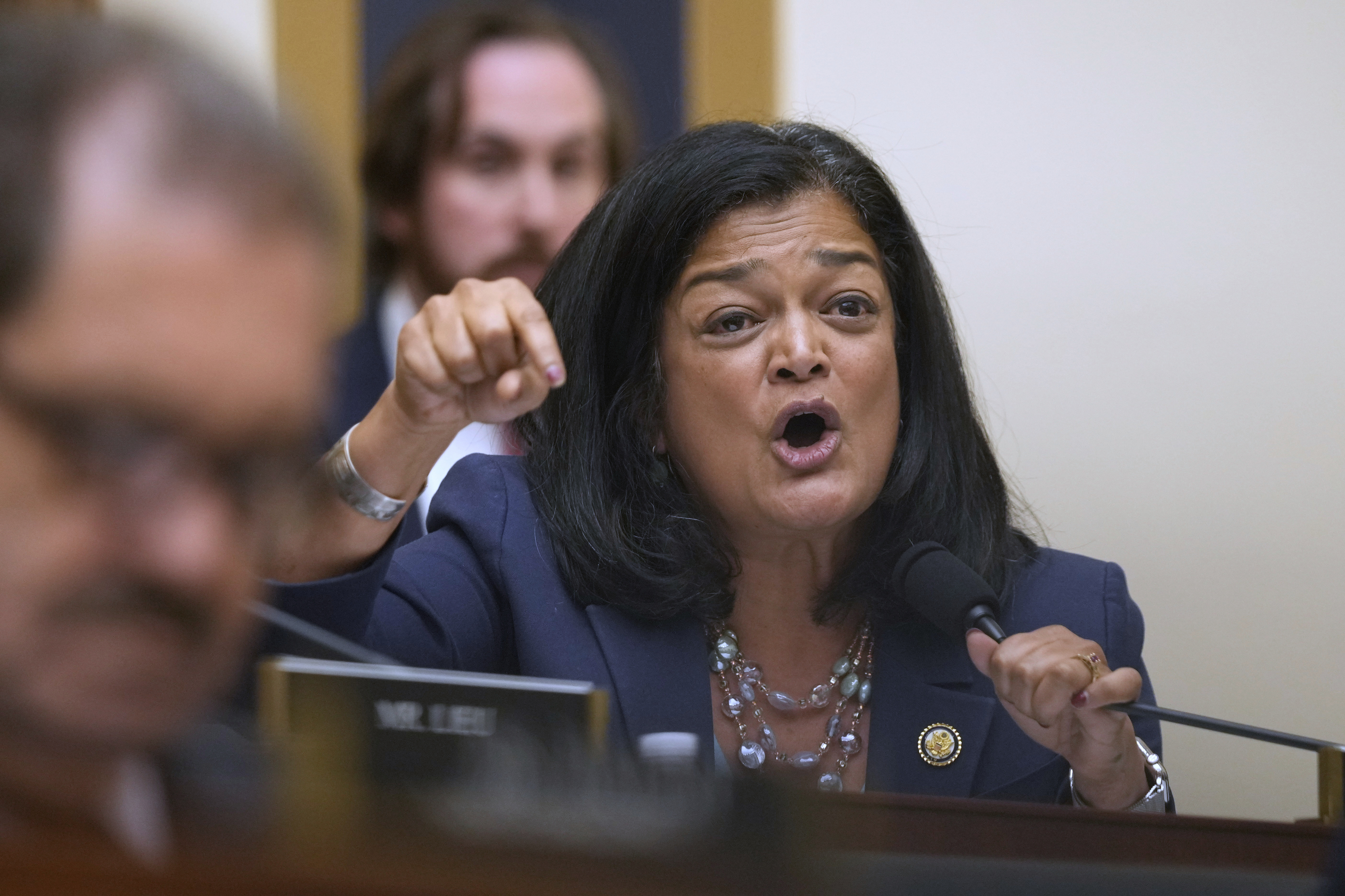Rep. Pramila Jayapal, D-Wash., speaks with FBI Director Kash Patel as he appears before the House Judiciary Committee, on Capitol Hill in Washington, Wednesday, Sept. 17, 2025.  (AP Photo/Mark Schiefelbein)