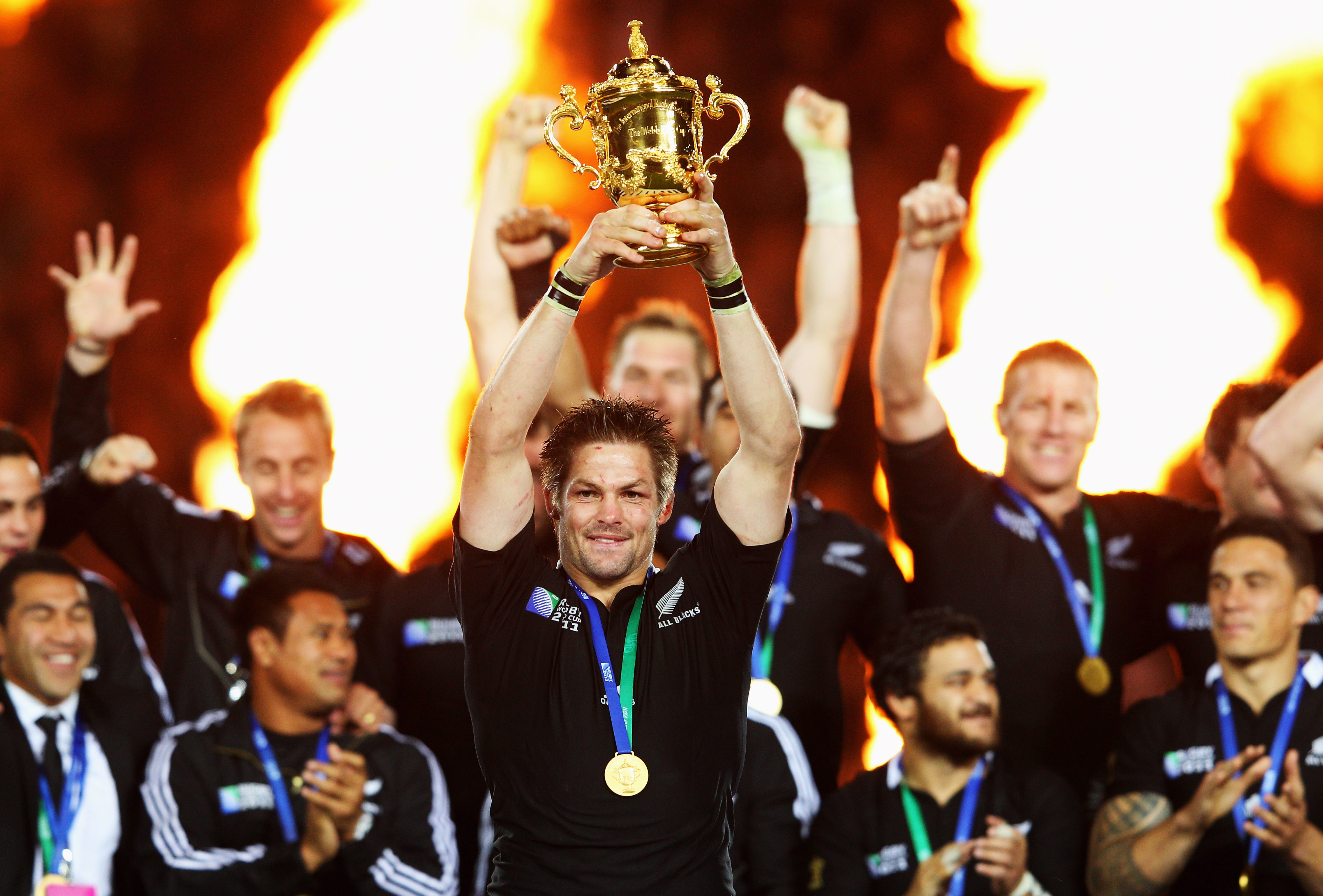 Richie McCaw celebrates winning the 2011 Rugby World Cup at Eden Park.