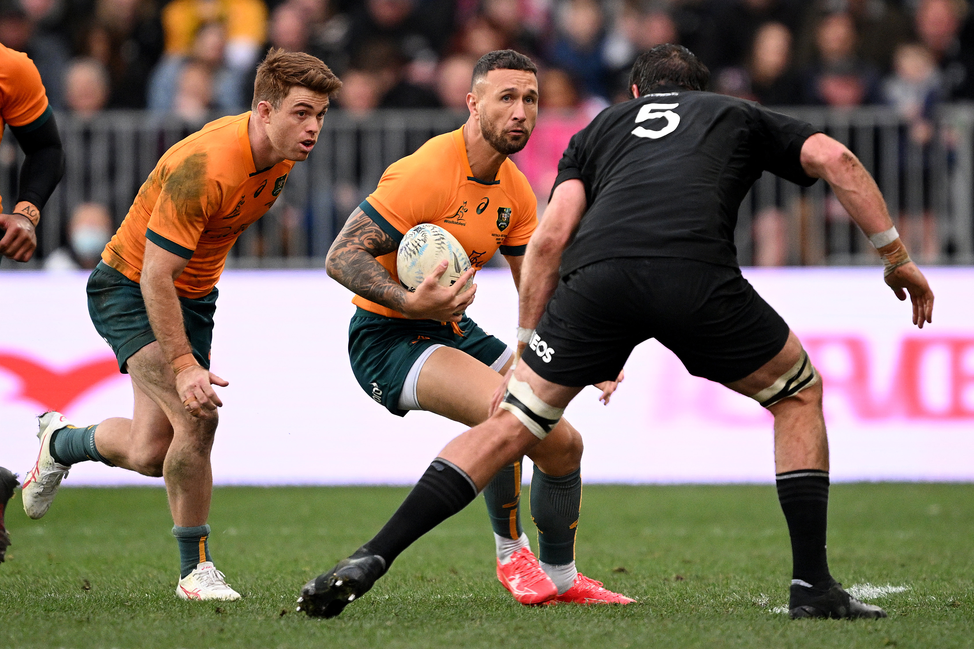 Quade Cooper featured in Australia's narrow loss to New Zealand in Dunedin.