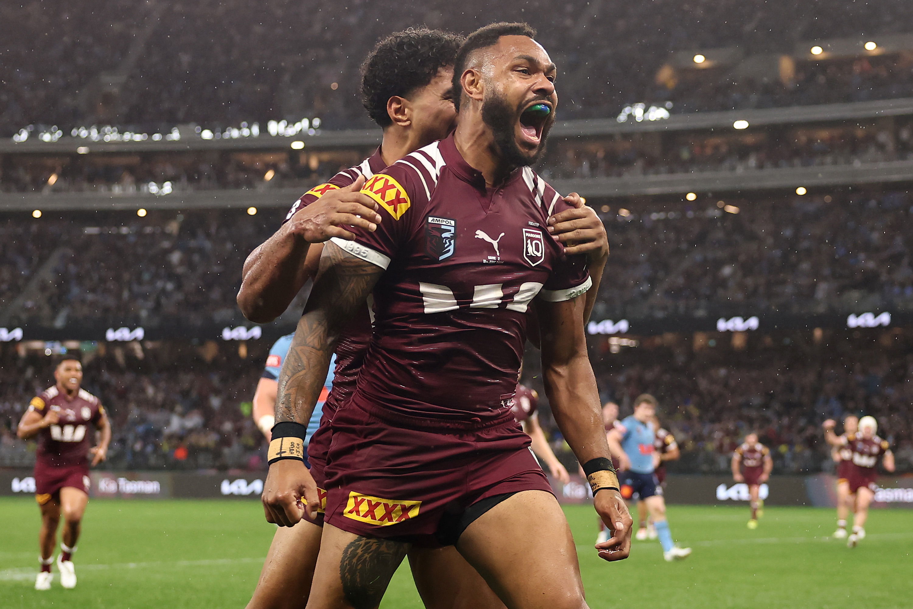 Hamiso Tabuai-Fidow celebrates scoring a try in game two of the 2025 State of Origin series.