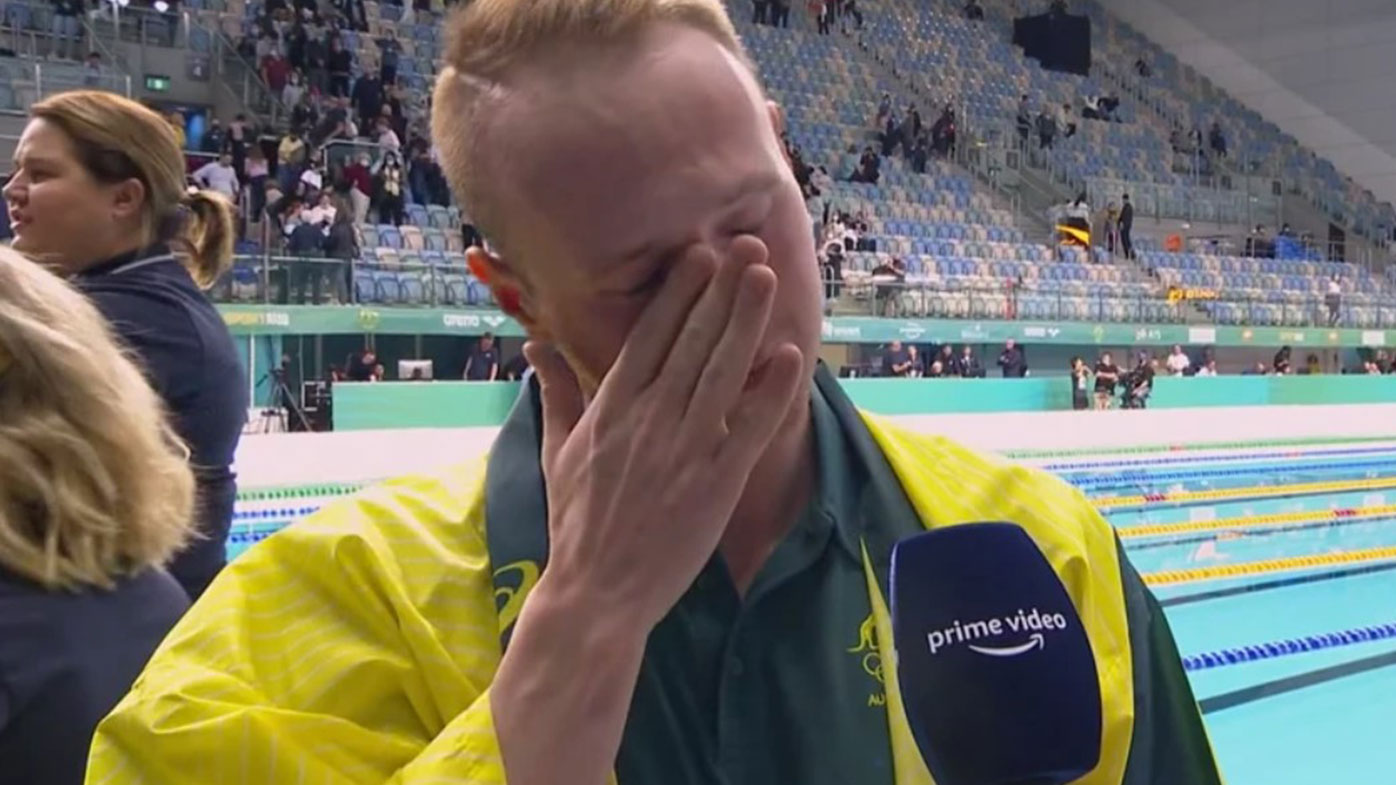 Matt Wilson breaks down after being named in the Australian team for the Tokyo Olympics.
