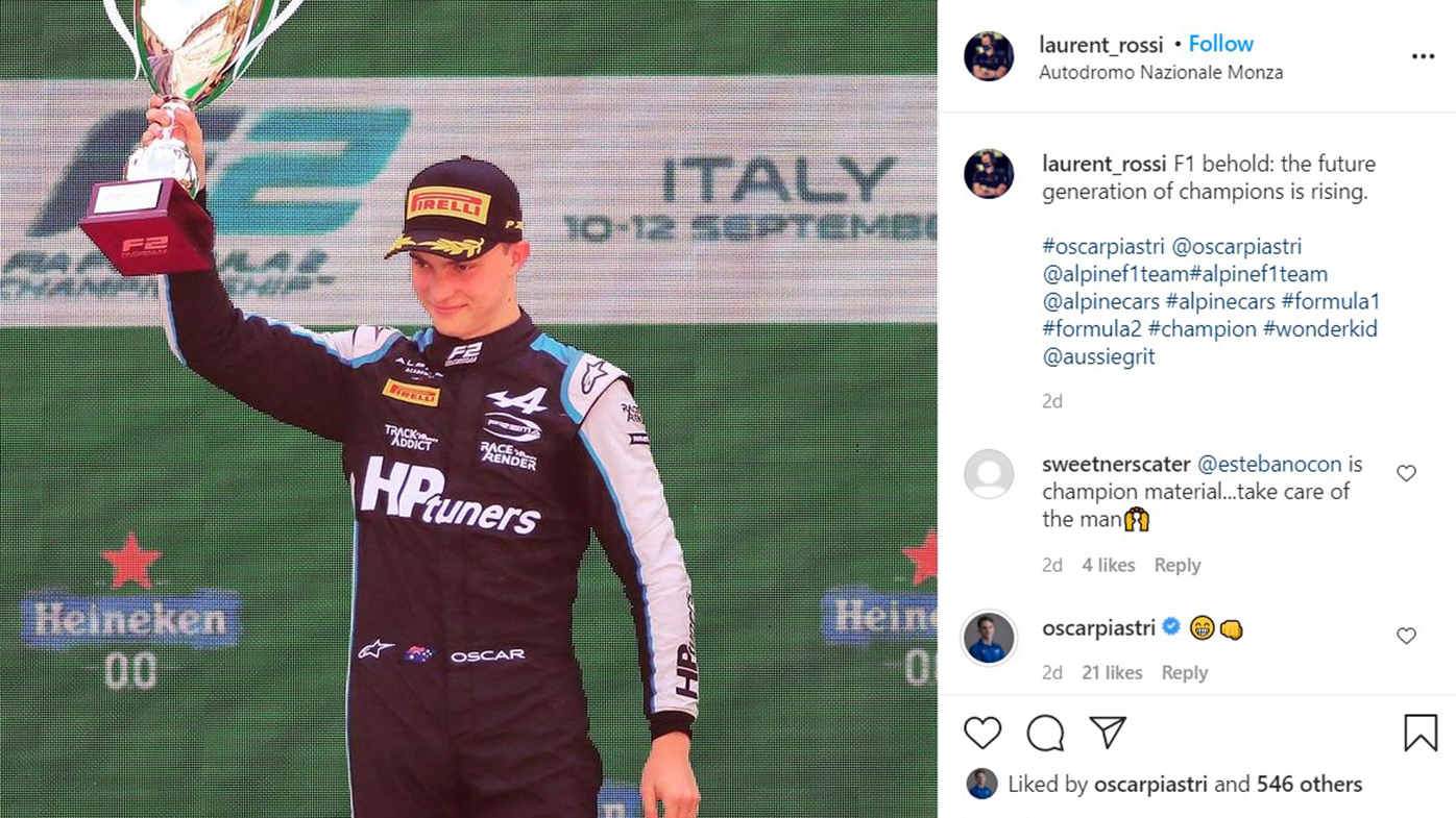 Alpine boss Laurent Rossi's Instagram post marking Oscar Piastri as a future champion.