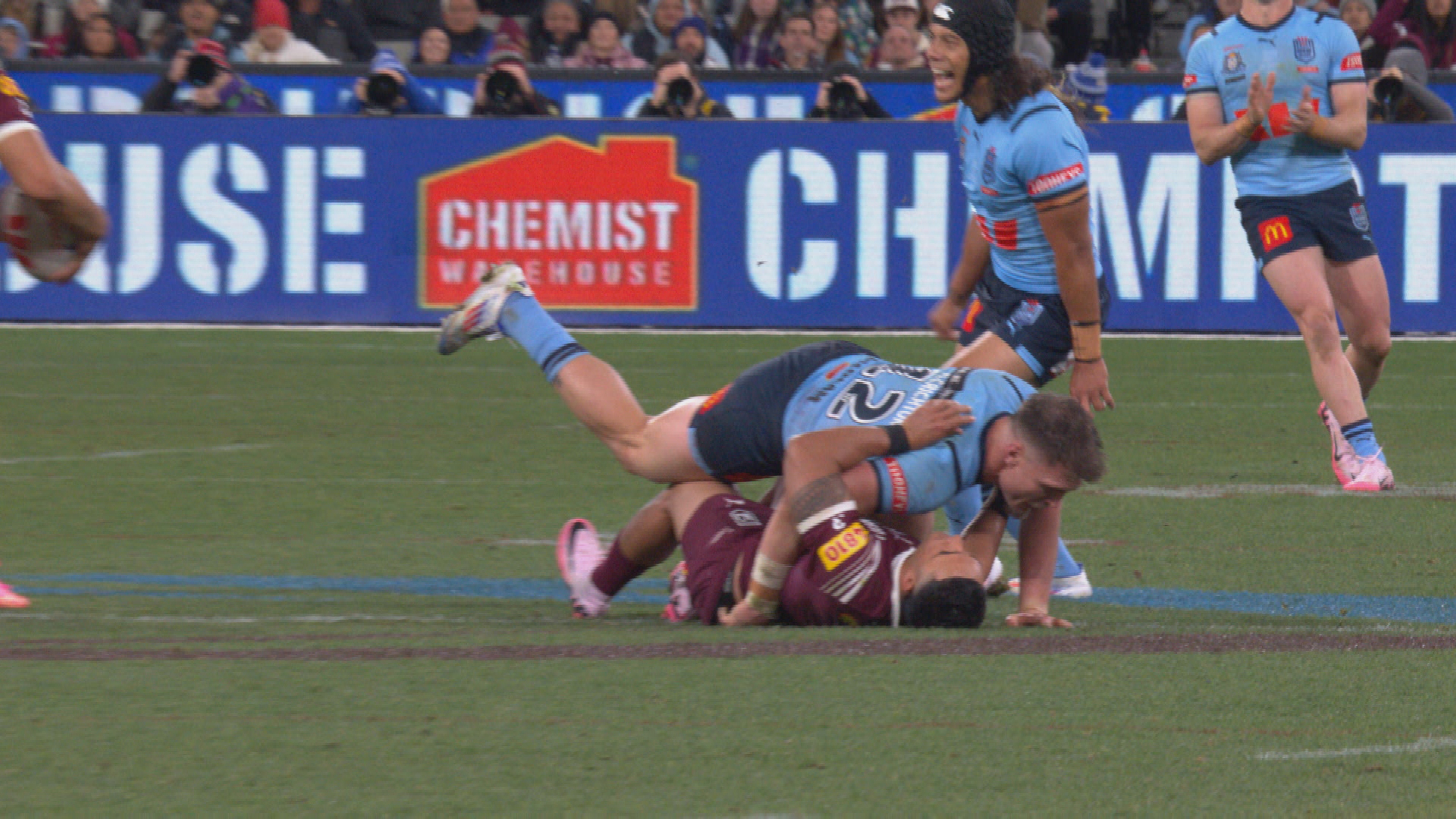 Angus Crichton flattens Valentine Holmes. State of Origin 2.