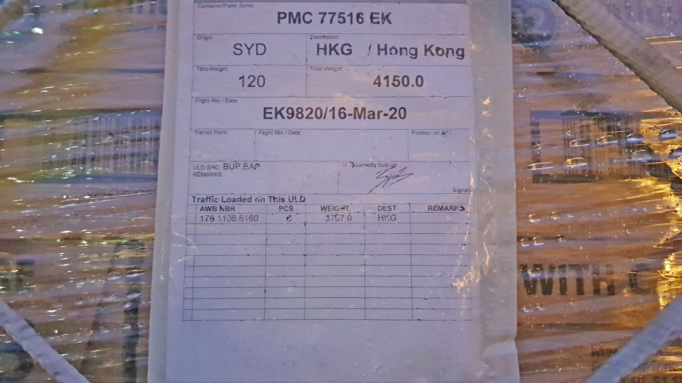The shipment was due to be air freighted to Hong Kong.