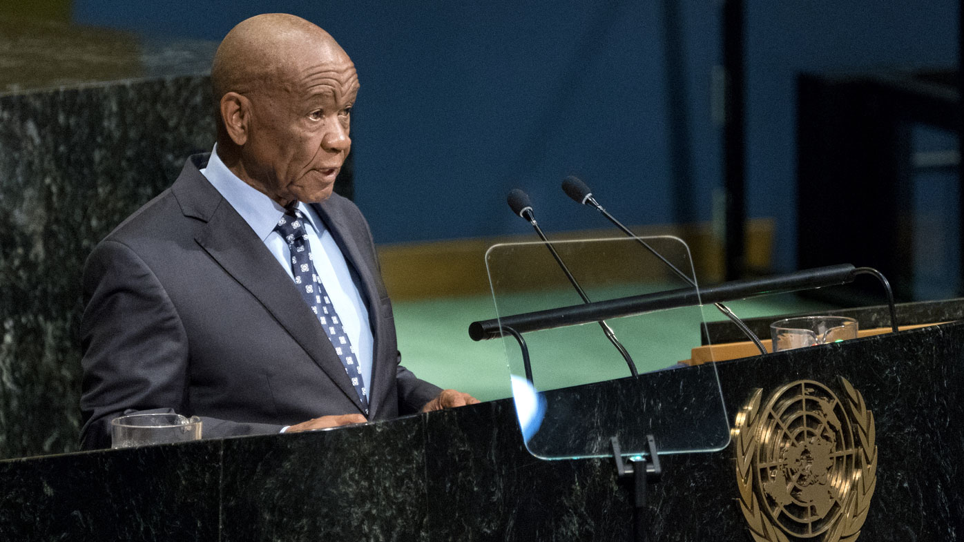 In this 2017 file photo, Lesotho Prime Minister Thomas Motsoahae Thabane addresses the United Nations General Assembly. Thabane's wife and First Lady, Maesaiah Thabane had been in hiding from police.