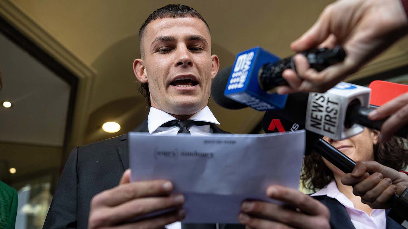 Harry Garside speaks outside court after domestic violence charges against him were dropped.