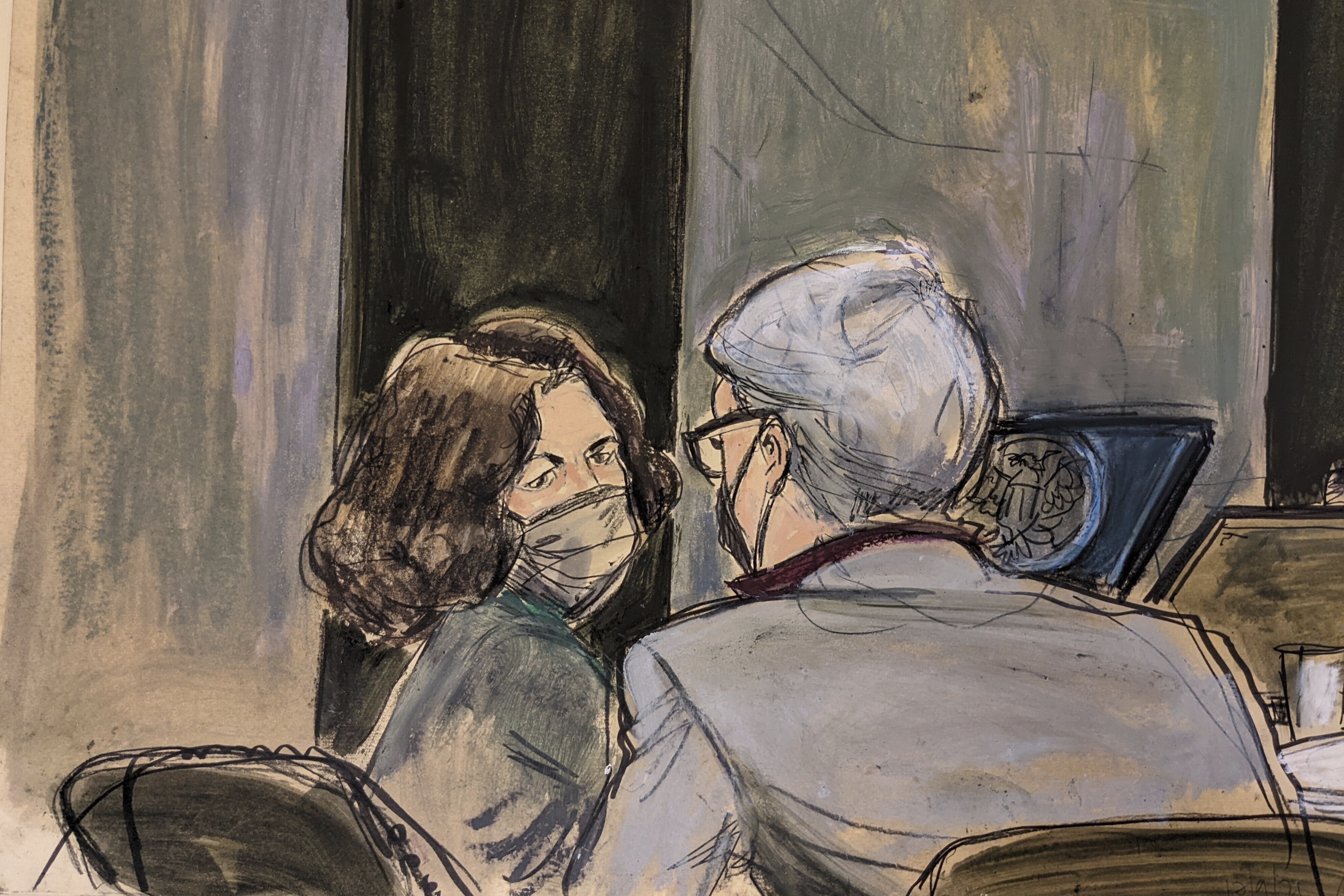 This courtroom sketch shows Ghislaine Maxwell, left, conferring with her defense attorney Bobbi Sternheim before the start of her sex abuse trial. 