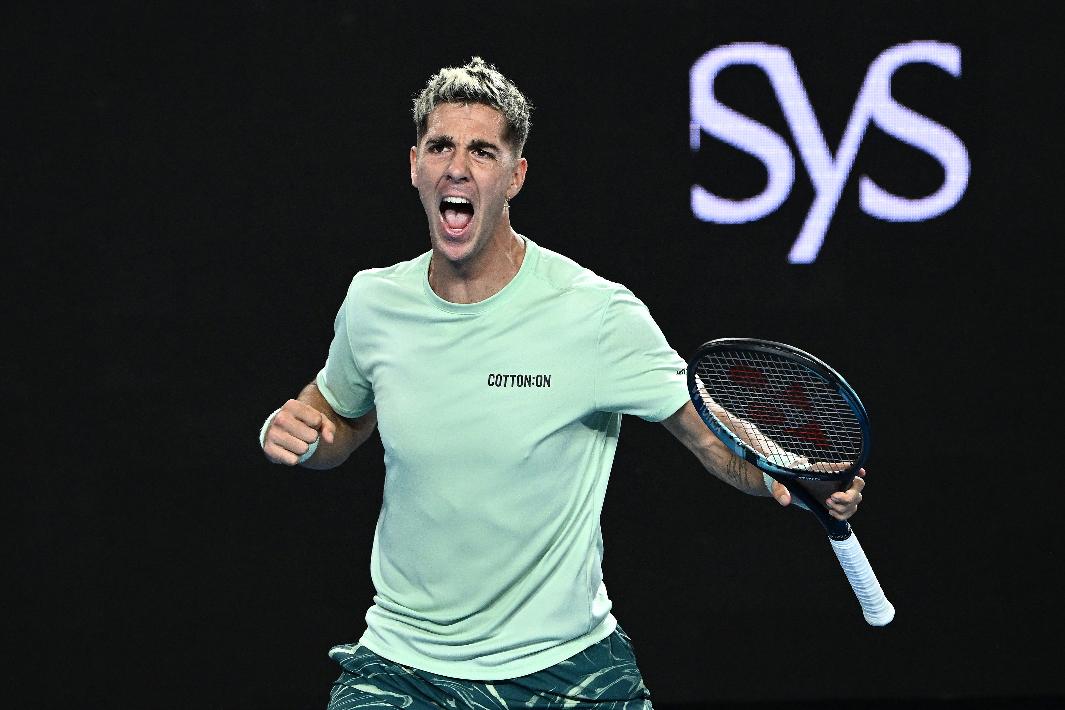 Thanasi Kokkinakis cheers in his first round match against Fabio Foginini at the Australian Open.