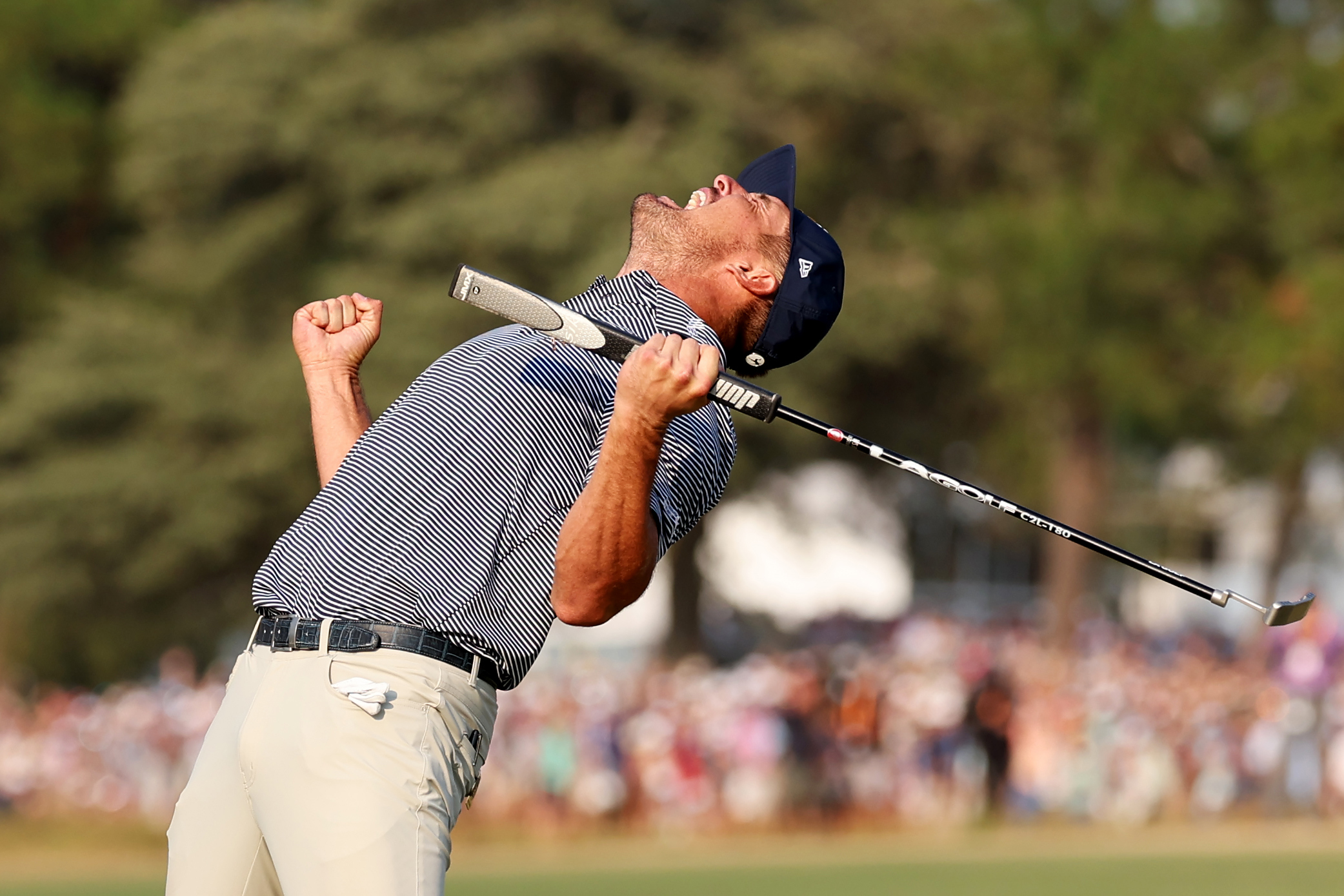 Bryson DeChambeau of the United States celebrates putting on the 18th green to win during the final round of the 124th U.S. Open at Pinehurst Resort on June 16, 2024 in Pinehurst, North Carolina. (Photo by Gregory Shamus/Getty Images)