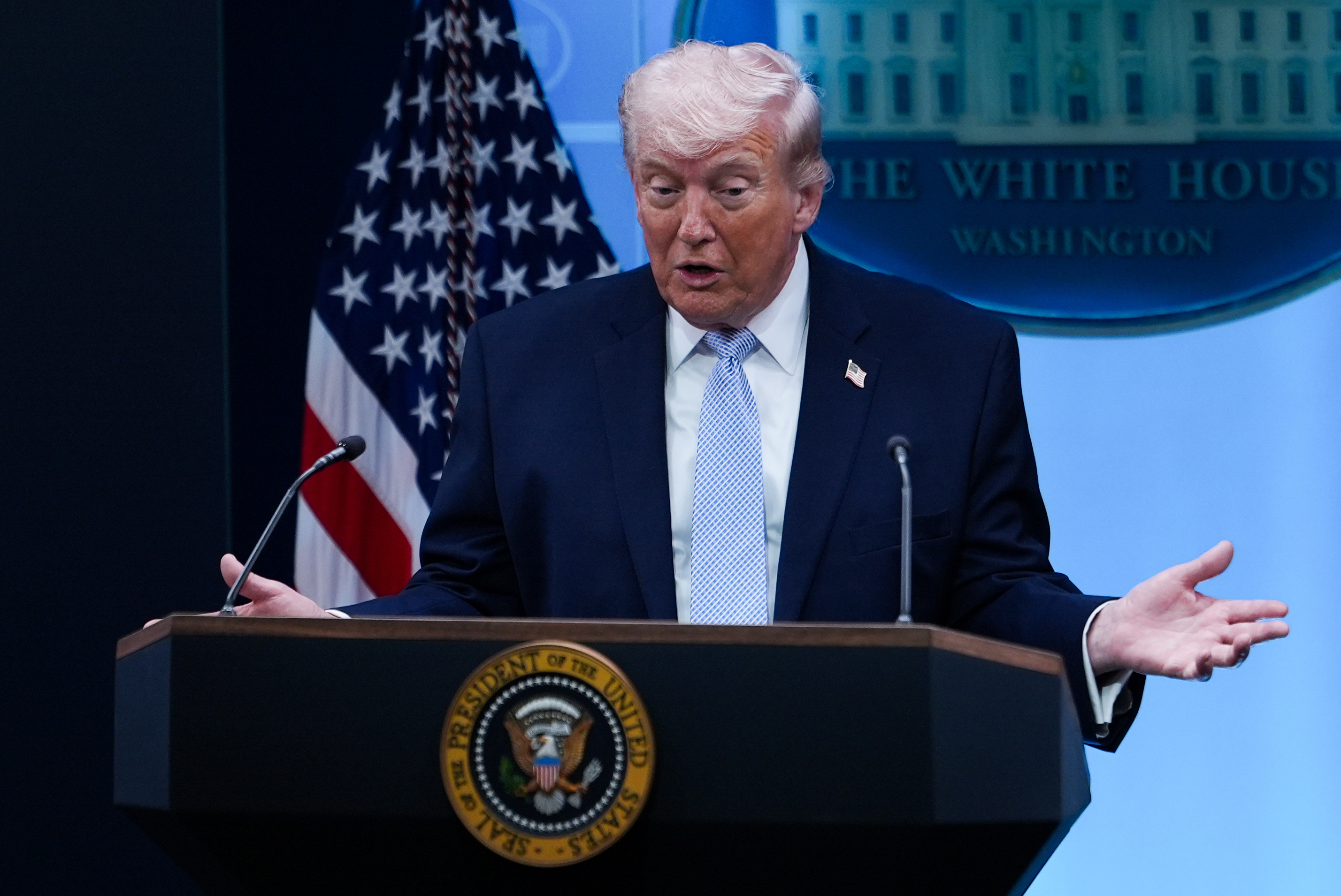 President Donald Trump speaks with reporters in the James Brady Press Briefing Room at the White House, Monday, April 6, 2026, in Washington. (AP Photo/Julia Demaree Nikhinson)