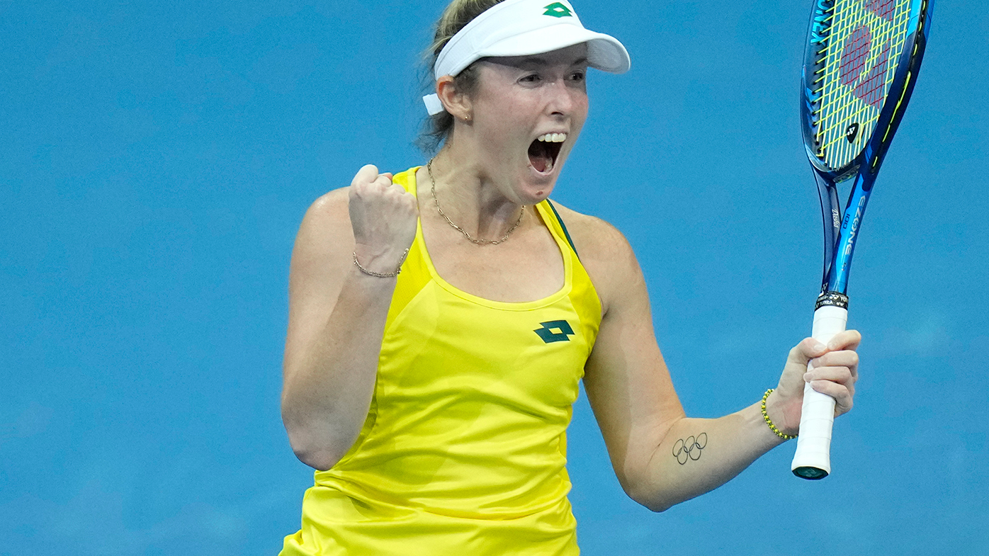 Australia's Storm Sanders celebrates after defeating Yuliya Hatouka of Belarus during their group B Billie Jean King Cup finals tennis match in Prague.