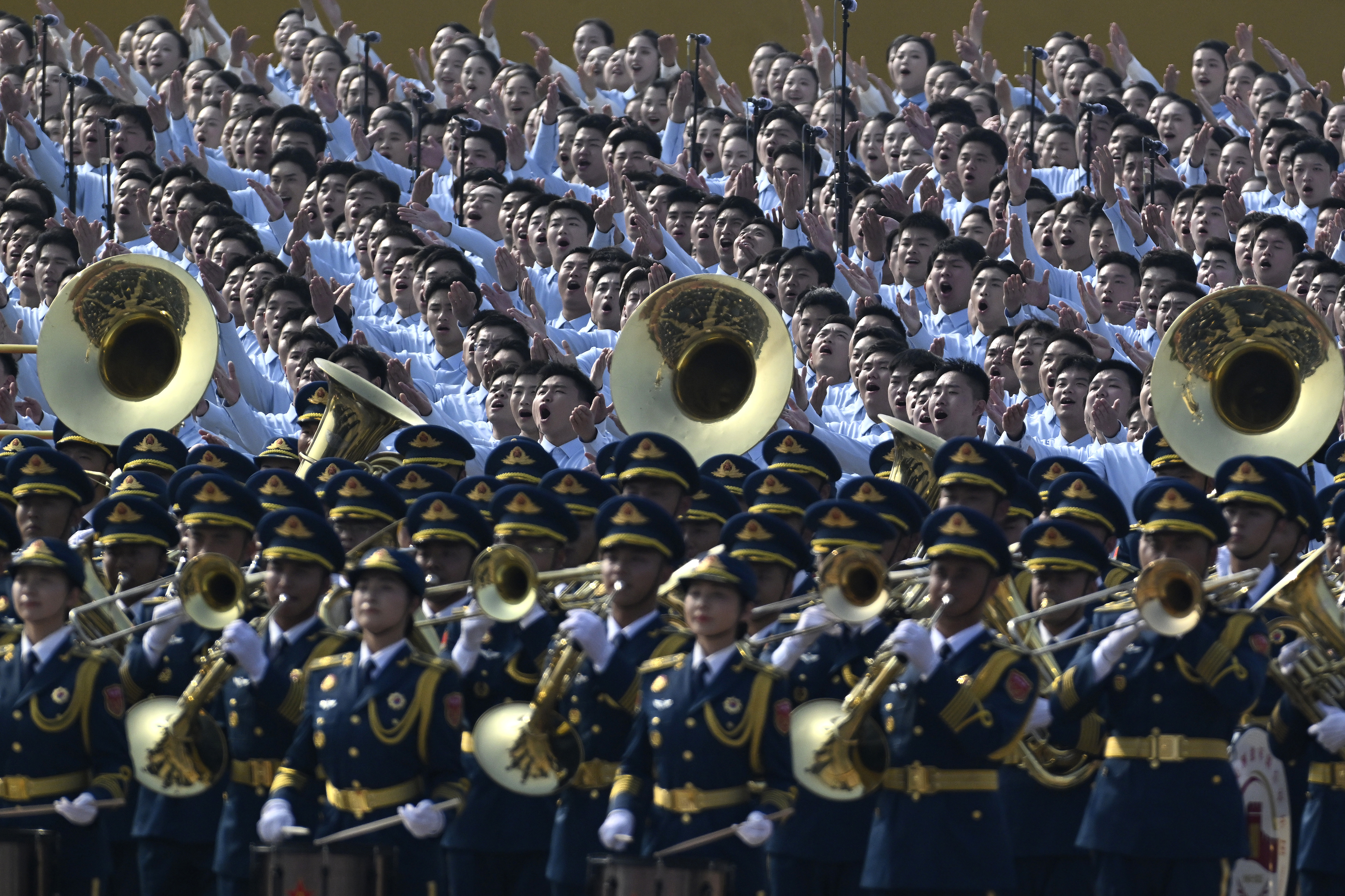 BEIJING, CHINA - SEPTEMBER 03: A military band and choir perform before the military parade marking the 80th anniversary of victory over Japan and the end of World War II, in Tiananmen Square on September 03, 2025, in Beijing, China. China's Victory Day military parade serves as a powerful display of national pride and military power. This year's parade carries heightened geopolitical weight with the attendance of leaders like Vladimir Putin, Kim Jong Un and Narendra Modi, underlining China's di
