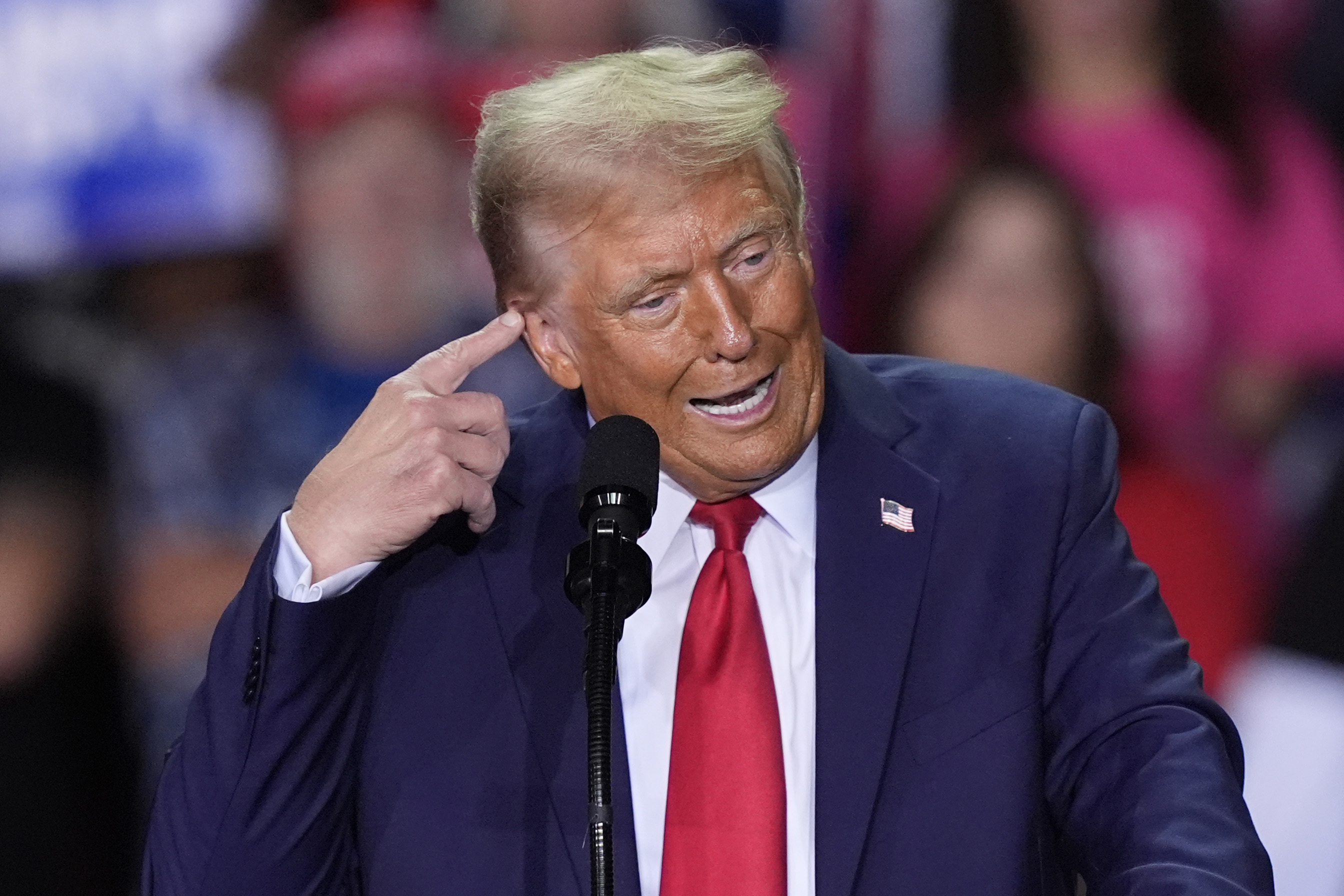 Republican presidential nominee former President Donald Trump speaks at a campaign rally at Van Andel Arena, Tuesday, Nov. 5, 2024, in Grand Rapids, Mich.