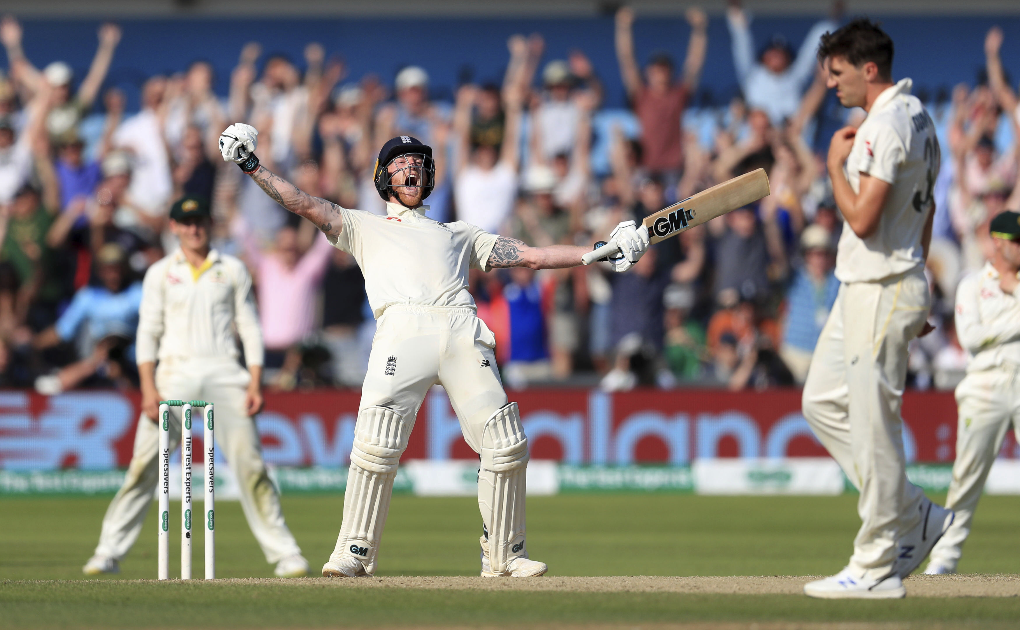 England's Ben Stokes celebrates winning the third Ashes Test match at Headingley, Leeds, 2019.