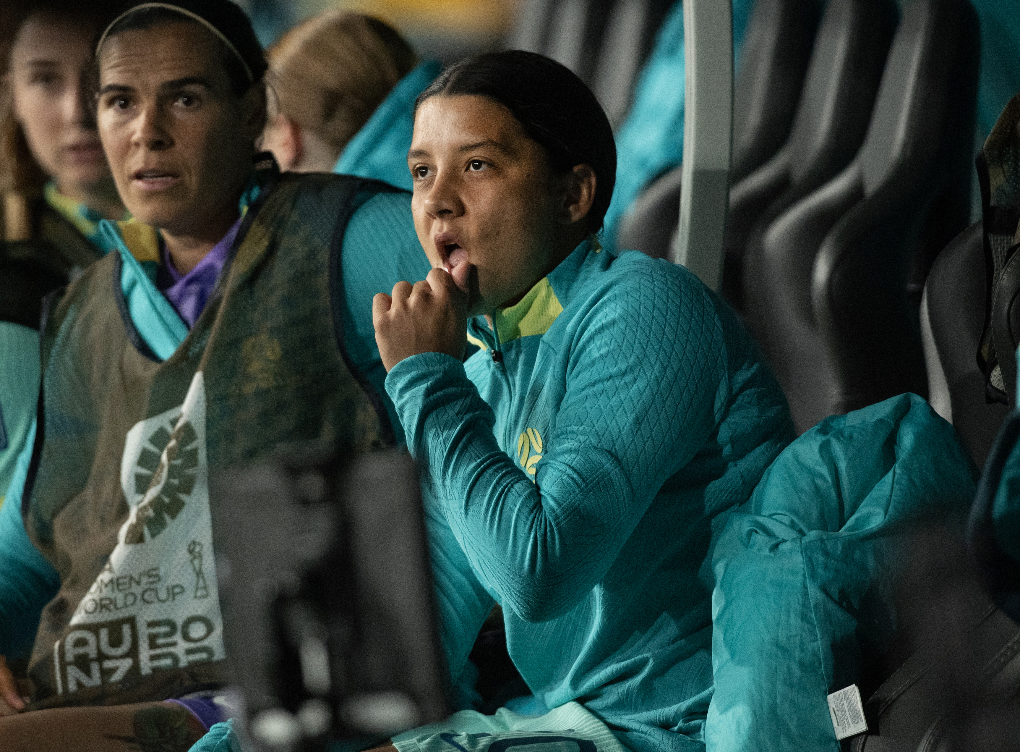 MELBOURNE, AUSTRALIA - JULY 31: Sam Kerr of Australia on the bench during the FIFA Women's World Cup Australia & New Zealand 2023 Group B match between Canada and Australia at Melbourne Rectangular Stadium on July 31, 2023 in Melbourne, Australia. (Photo by Joe Prior/Visionhaus via Getty Images) ***Local Caption*** Sam Kerr