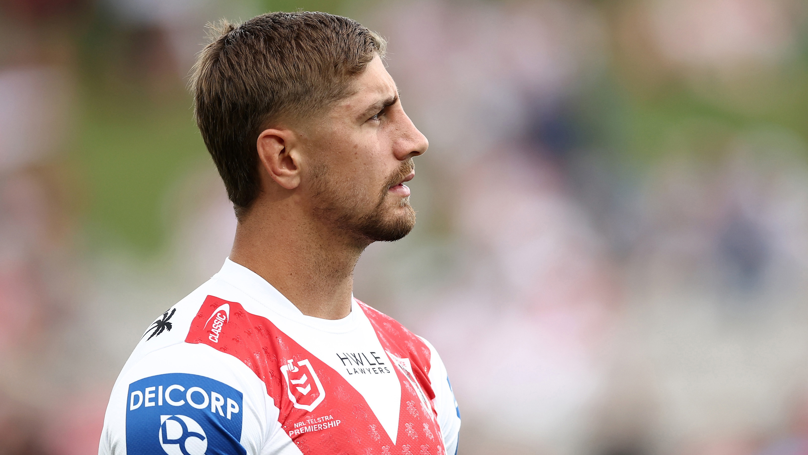 Zac Lomax of the Dragons warms up during the round two NRL match between the St George Illawarra Dragons and the Gold Coast Titans at Netstrata Jubilee Stadium on March 12, 2023 in Sydney, Australia. (Photo by Matt King/Getty Images)
