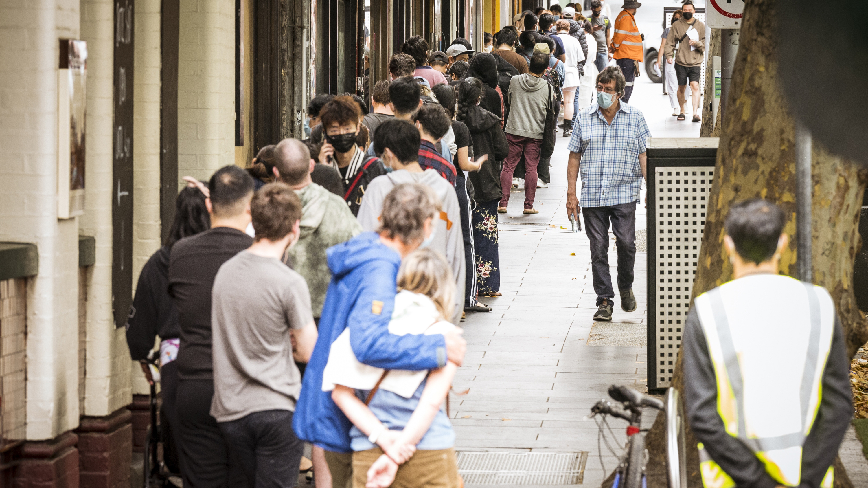 Long queues of people waiting at the Covid-19 testing site in Russell Street, Melbourne. 