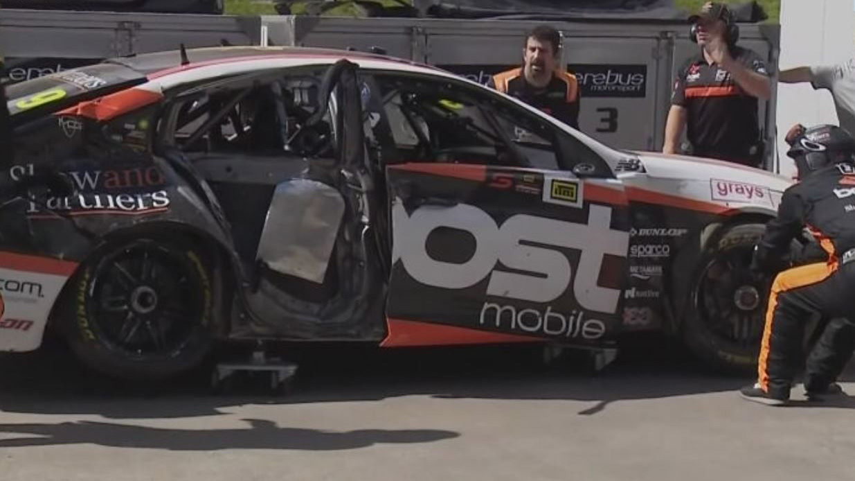 The damage to Will Brown's car after hitting the wall at pit entry. The car was out for the rest of the weekend, and the team are unsure if it will race again.