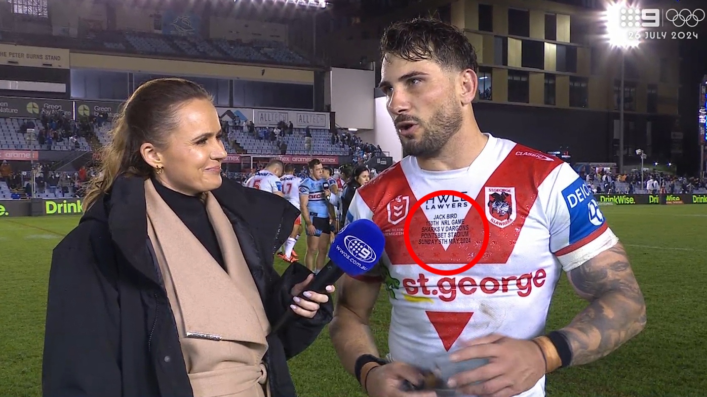A spelling error was discovered on Jack Bird's commemorative jersey for his 150th NRL game.