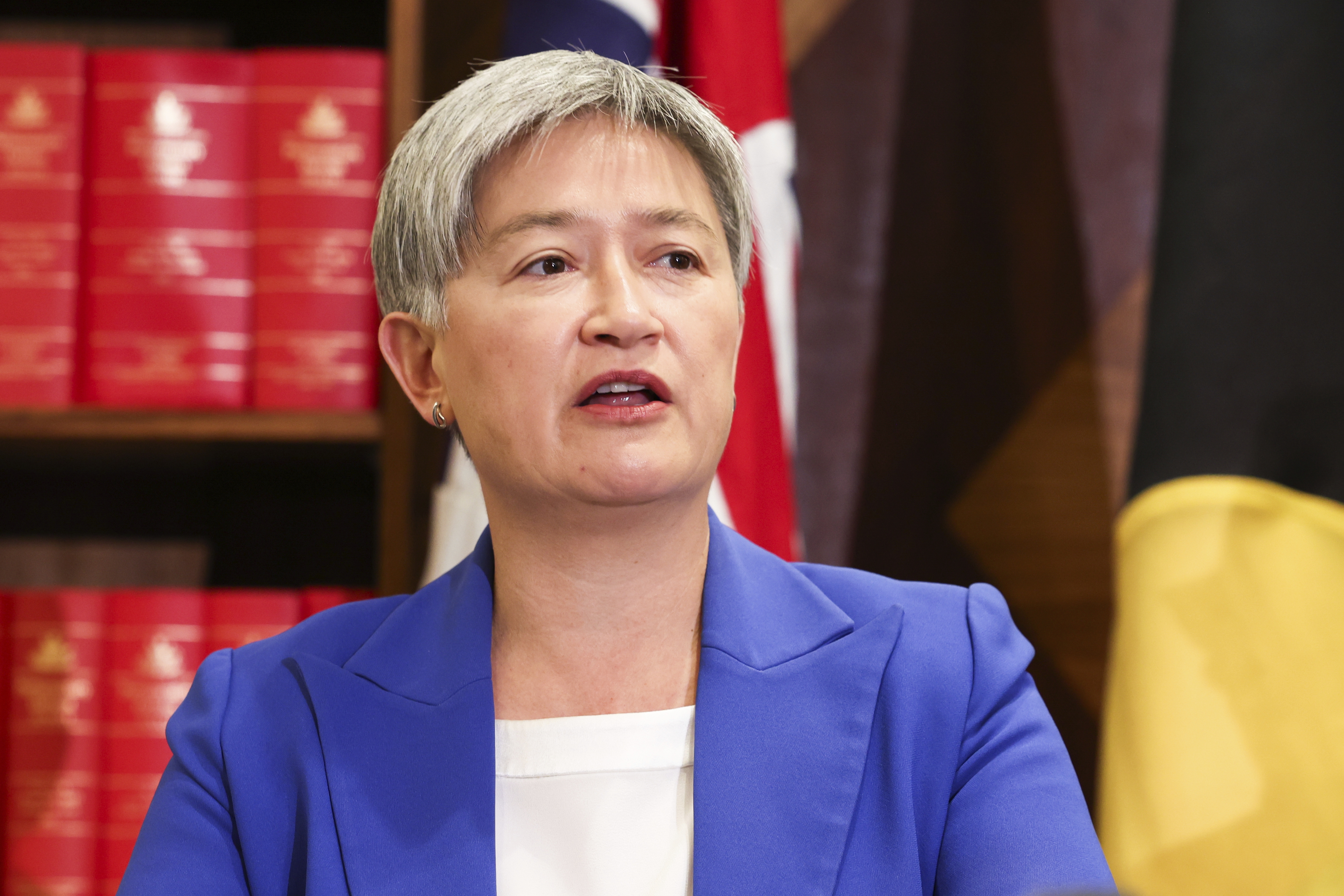 Leader of the Government in the Senate and Minister for Foreign Affairs Penny Wong at a press conference in Melbourne, Victoria.