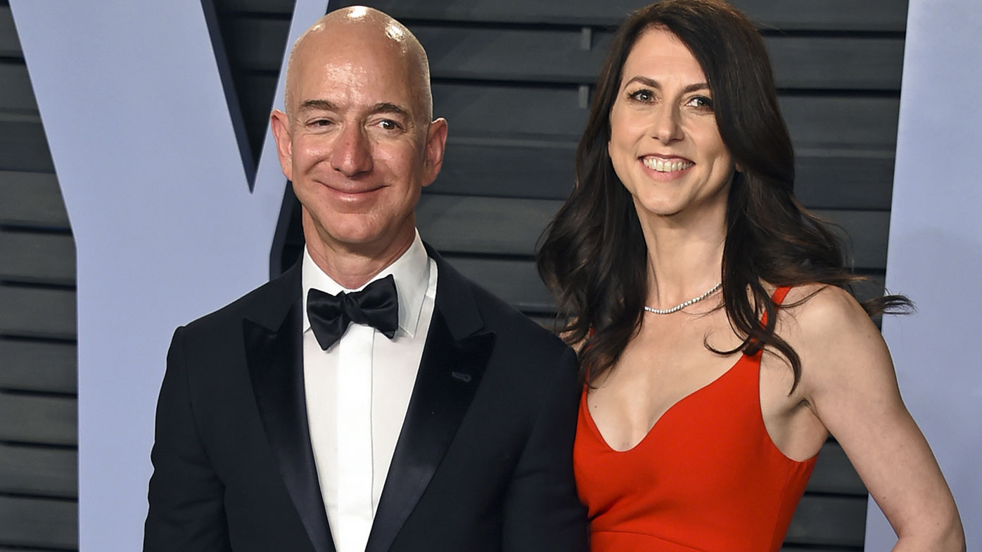 In this March 4, 2018 file photo, Jeff Bezos and wife MacKenzie Bezos arrive at the Vanity Fair Oscar Party in Beverly Hills, California.