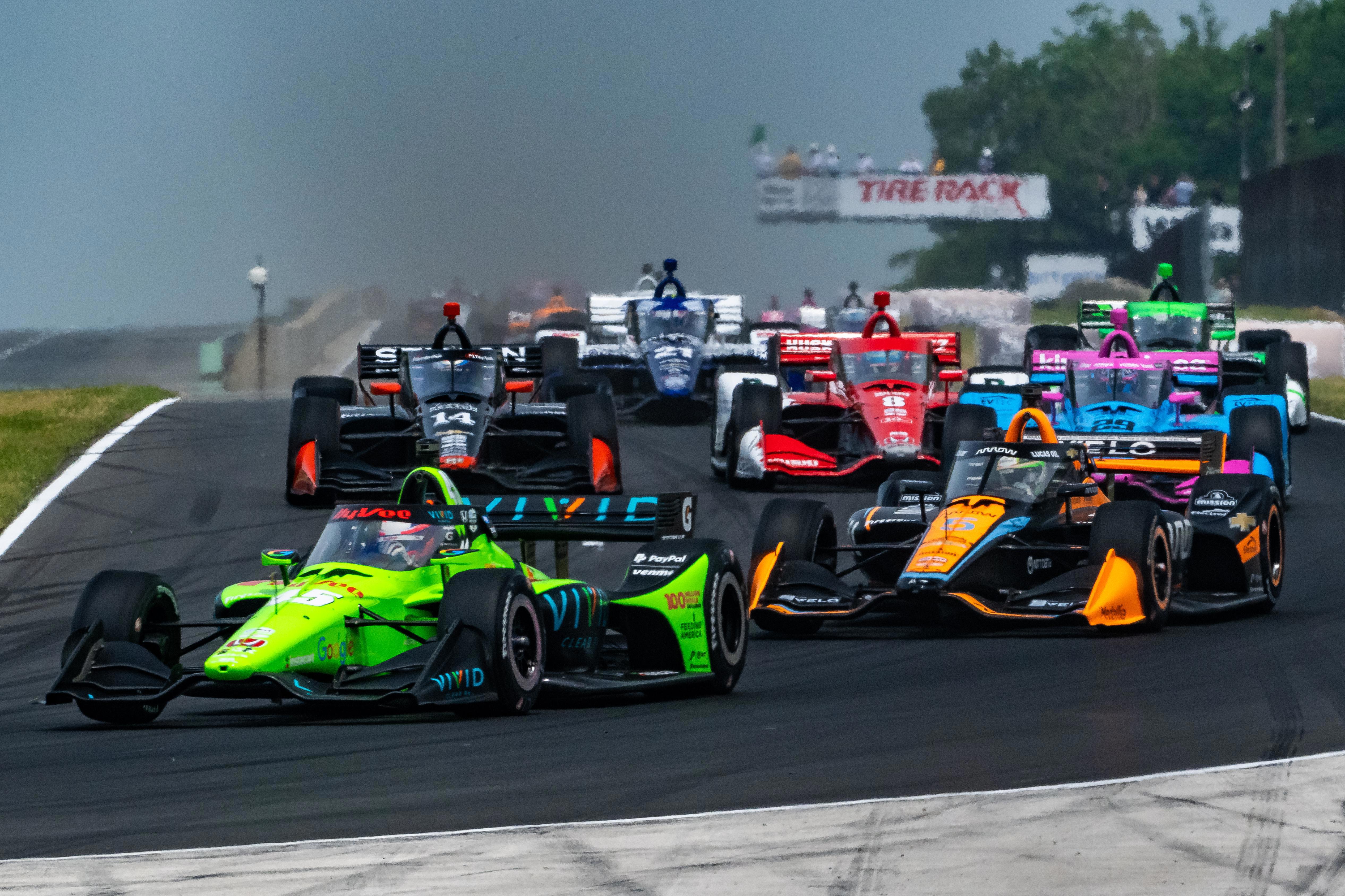 Christian Lundgaard leads a pack of cars at Road America.