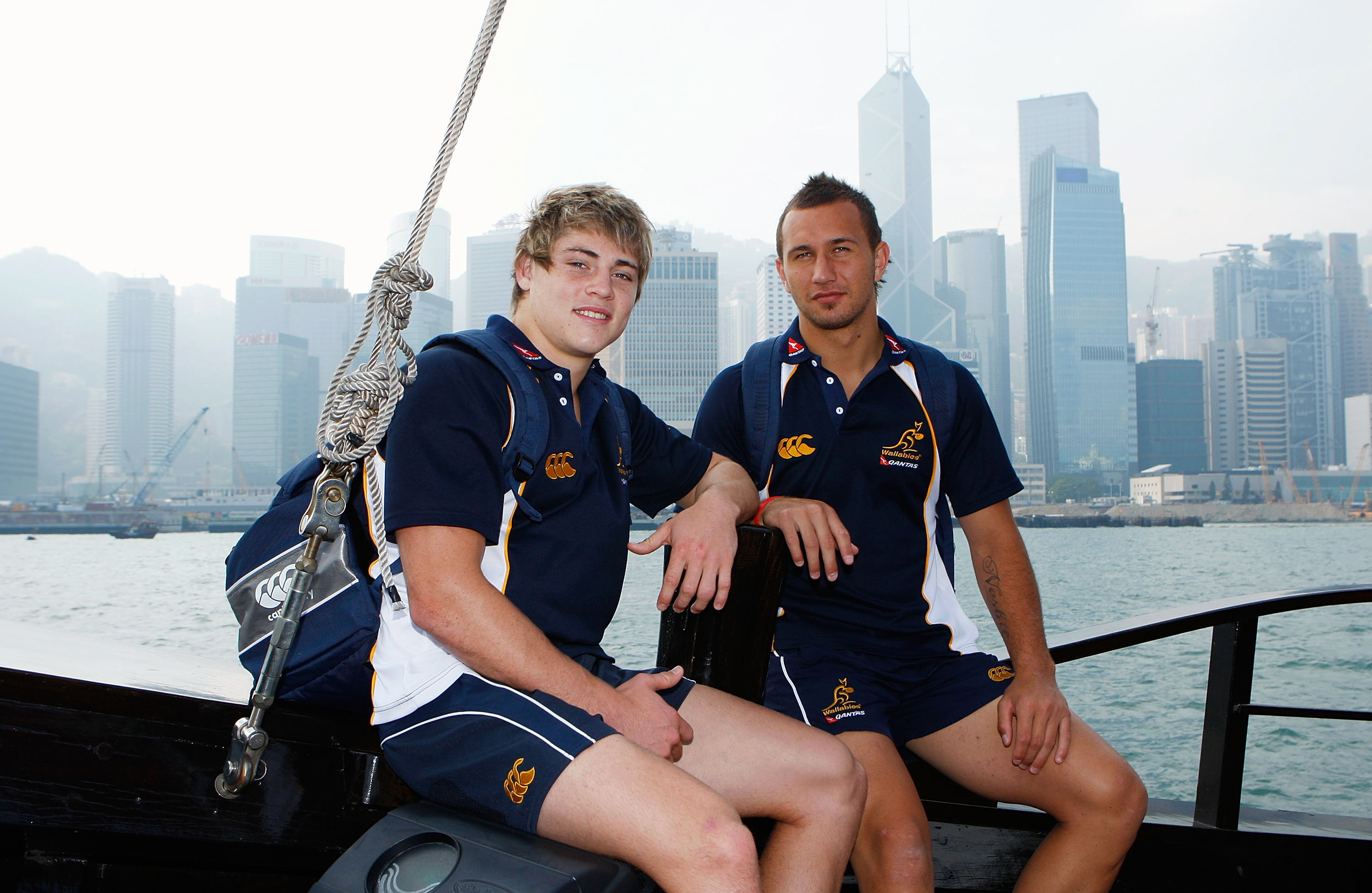 James O'Connor and Quade Cooper onboard a junk on Hong Kong Harbour in 2008.