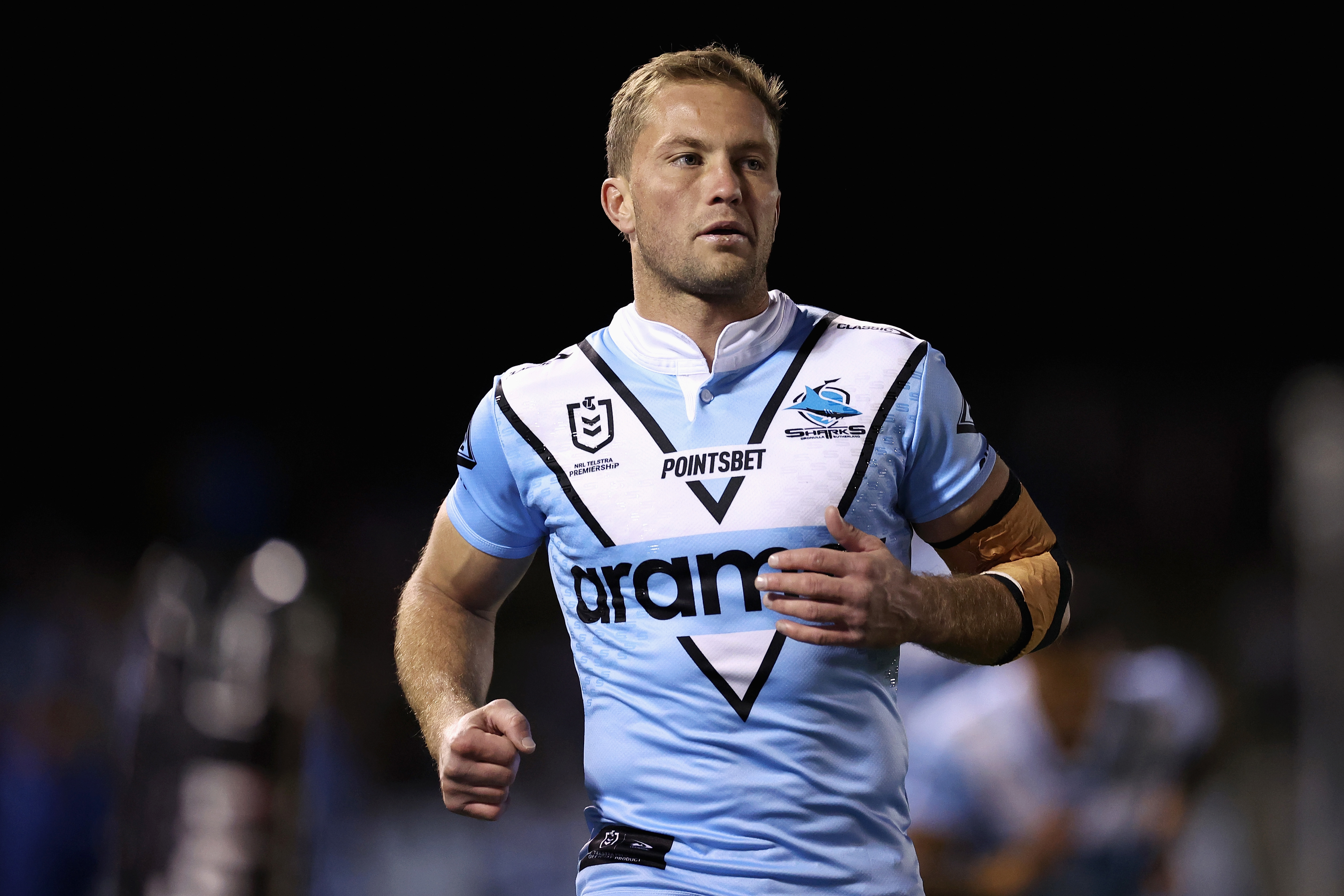 Matt Moylan of the Sharks warms up during the round 18 NRL match between Cronulla Sharks and St George Illawarra Dragons at PointsBet Stadium on June 29, 2023 in Sydney, Australia. (Photo by Cameron Spencer/Getty Images)