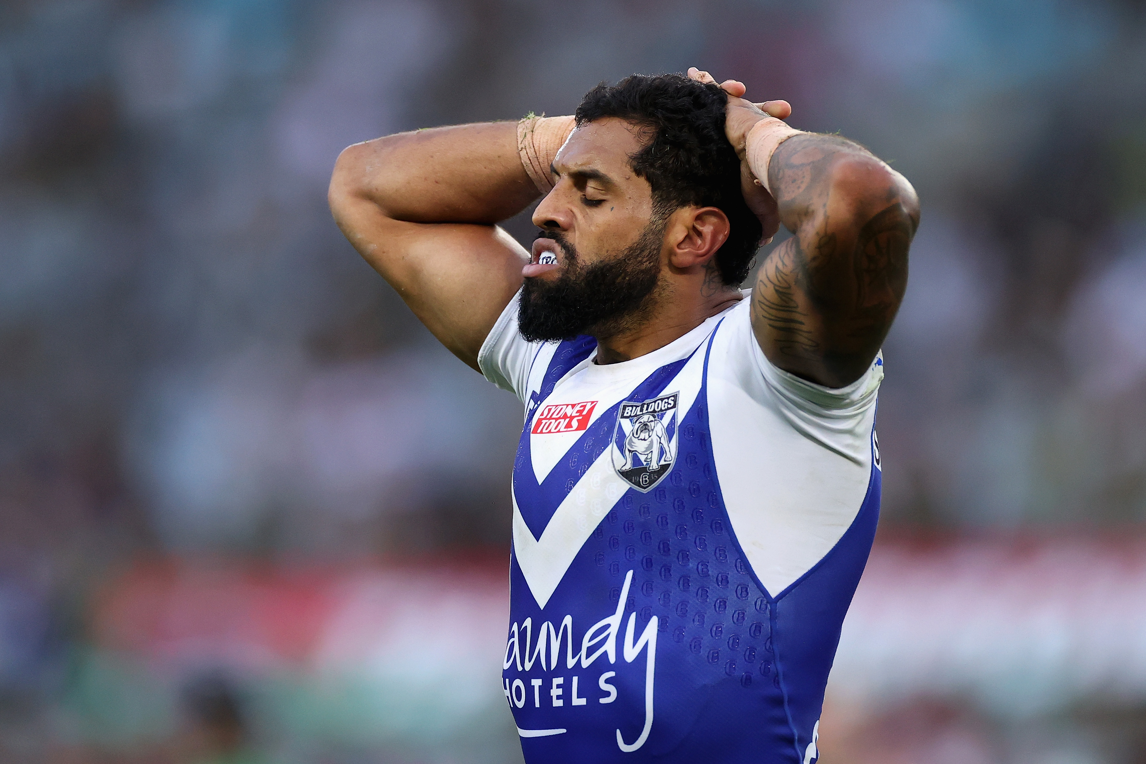 Josh Addo-Carr of the Bulldogs looks dejected.