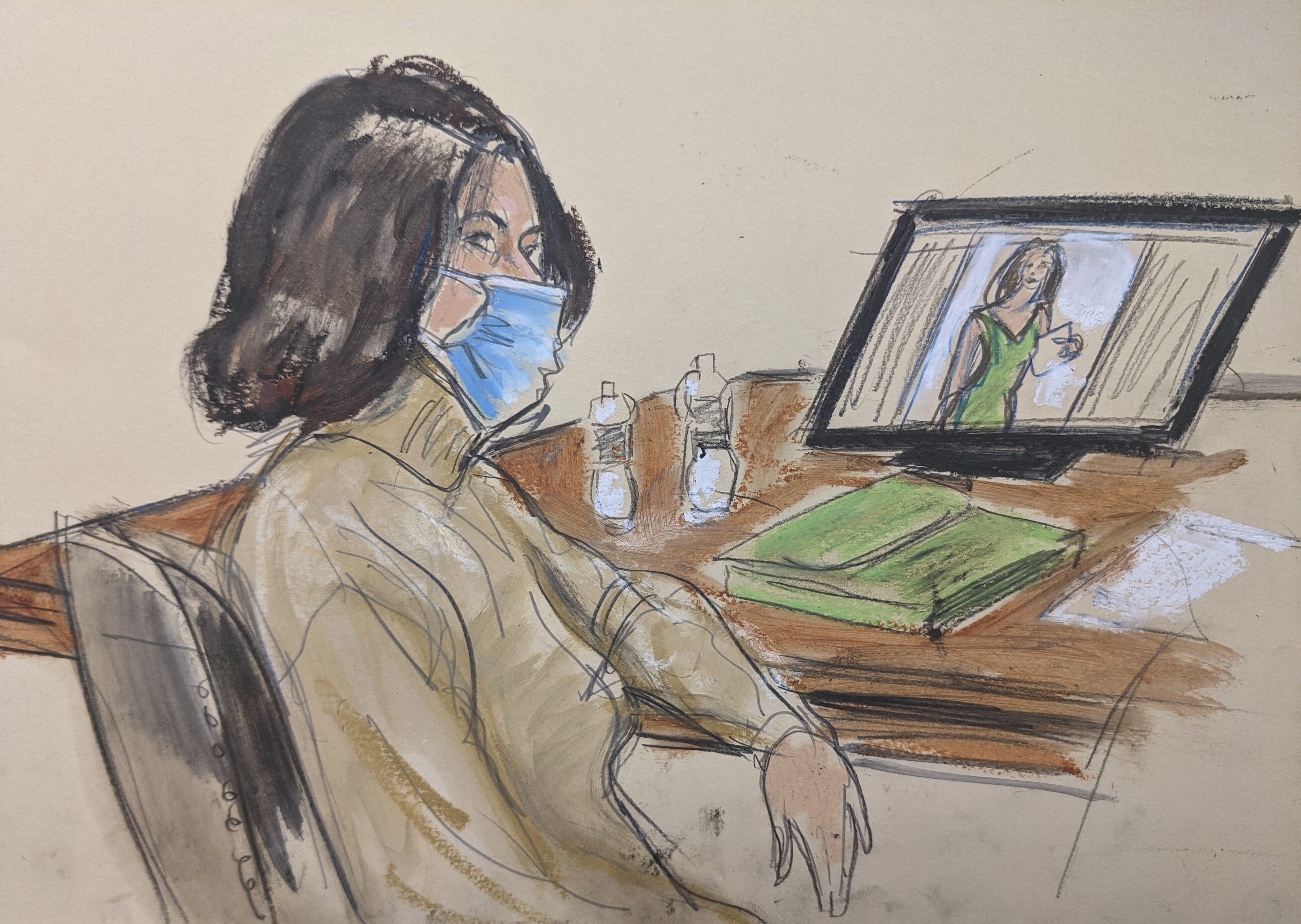 In this courtroom sketch, Ghislaine Maxwell is seated at the defence table while watching testimony of witnesses during her trial.