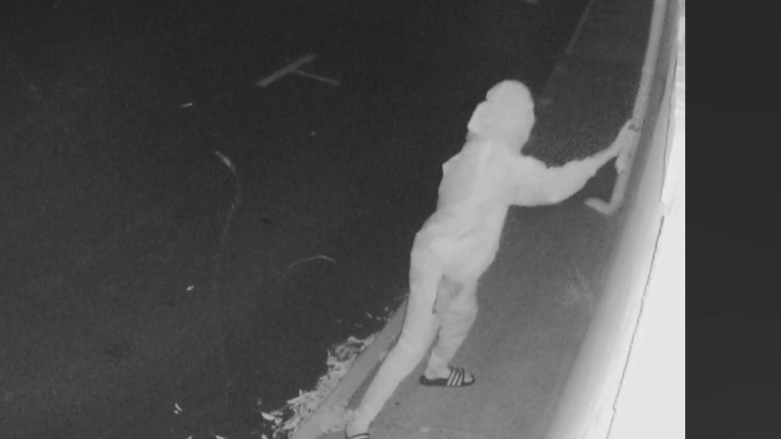 The vision shows a masked figure running towards the Bald Hills Mosque and committing the vile act late on Wednesday night.