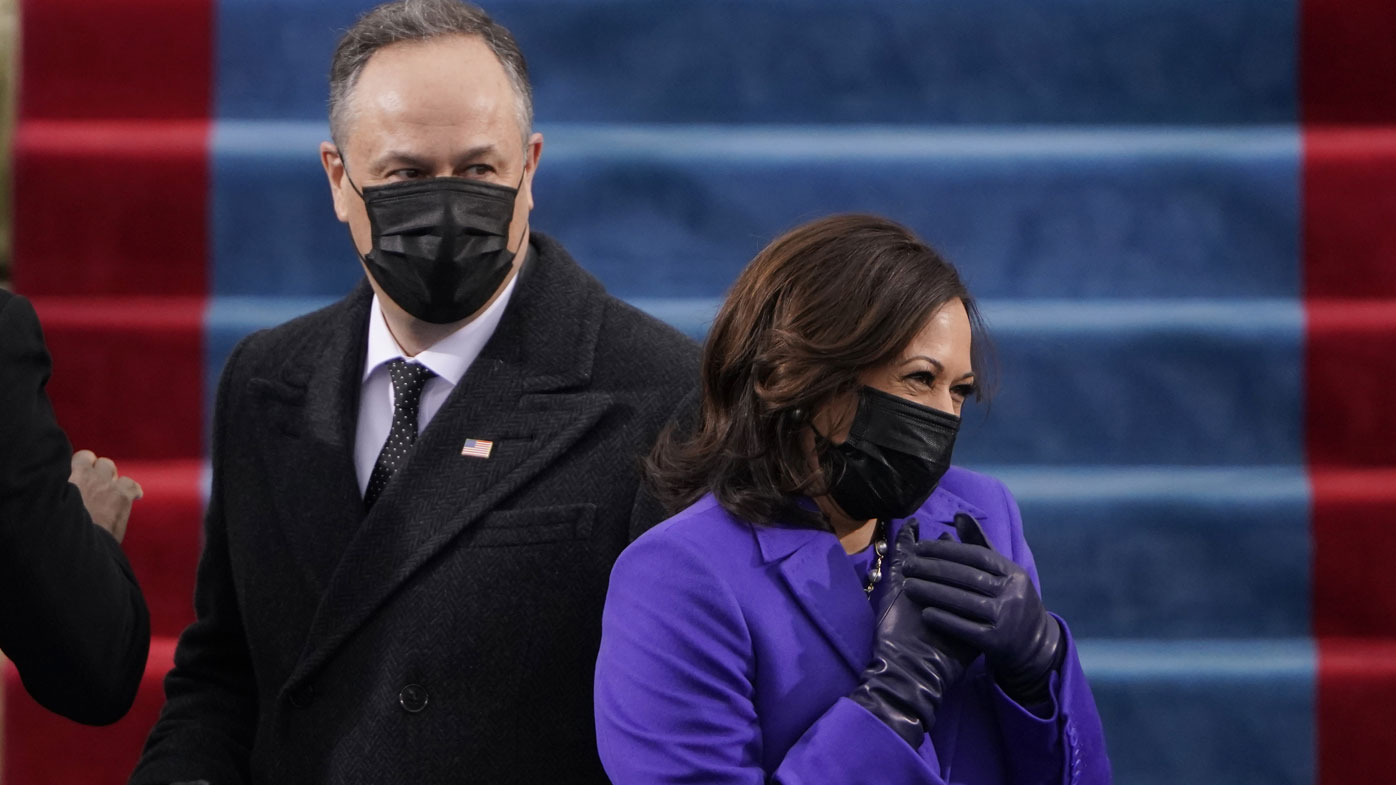 President-elect Kamala Harris and her husband Doug Emhoff, arrive for the 59th Presidential Inauguration at the U.S. Capitol in Washington, Wednesday, Jan. 20, 2021
