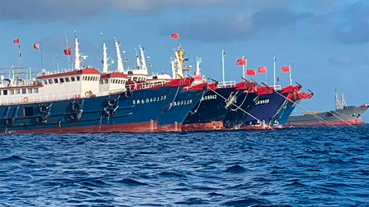 Chinese vessels are moored at Whitsun Reef, South China Sea.