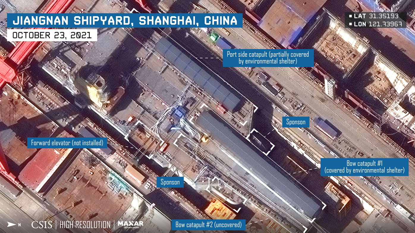 Two large openings are still visible on the deck of the Type 003 in images from September 2021, according to CSIS.