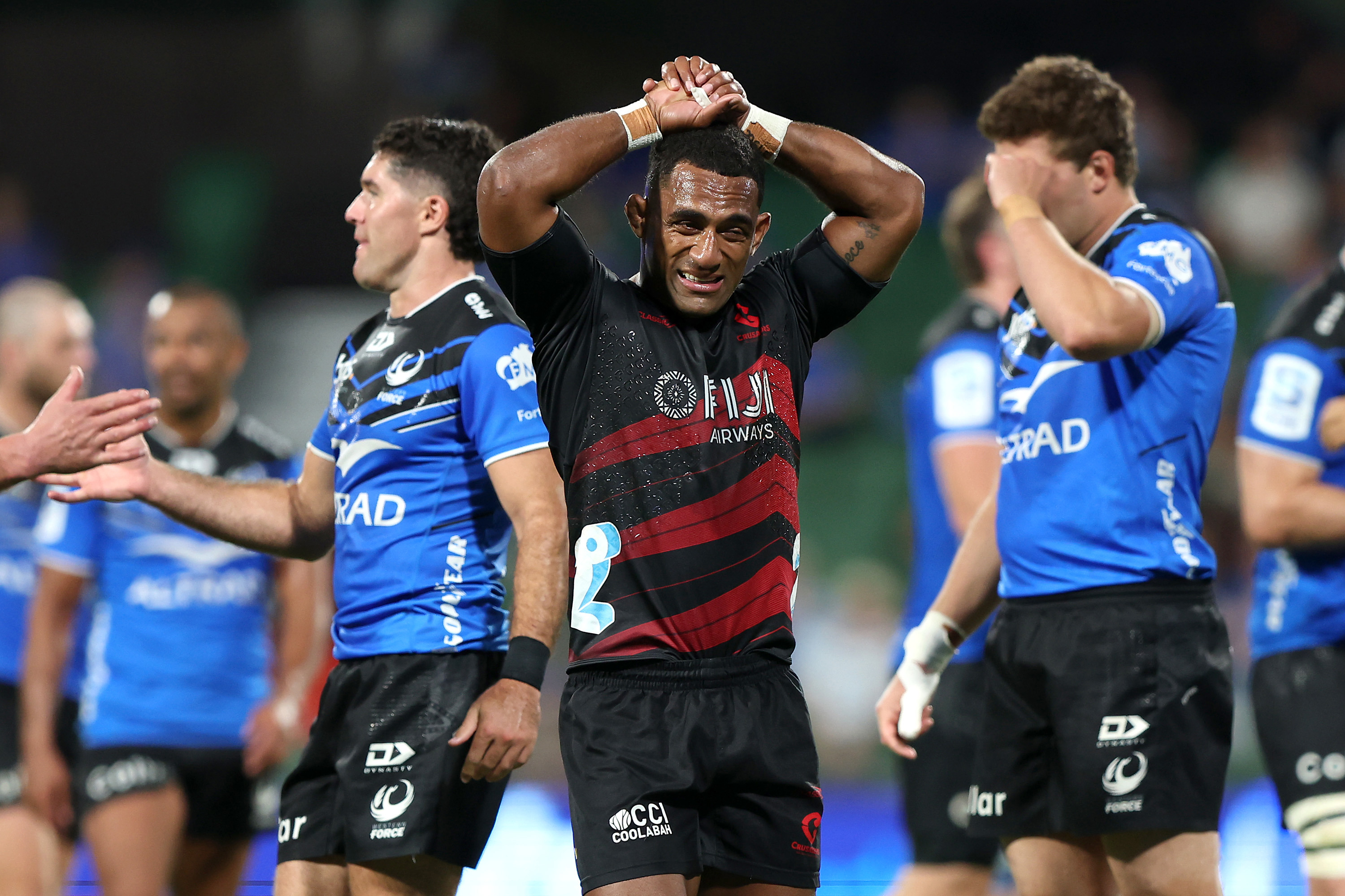 Sevu Reece of the Crusaders reacts after losing the round nine Super Rugby Pacific match.