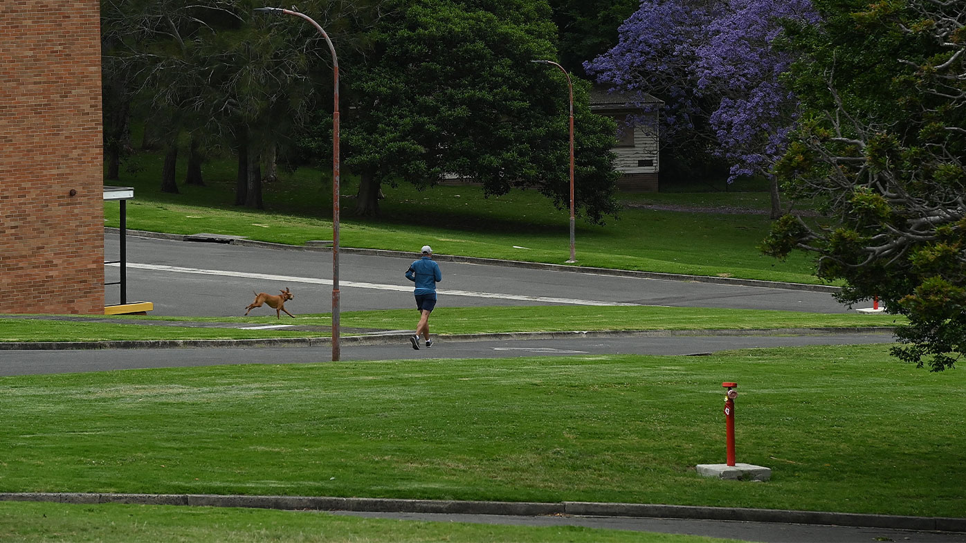 People walk dog in Callan Park in Sydney