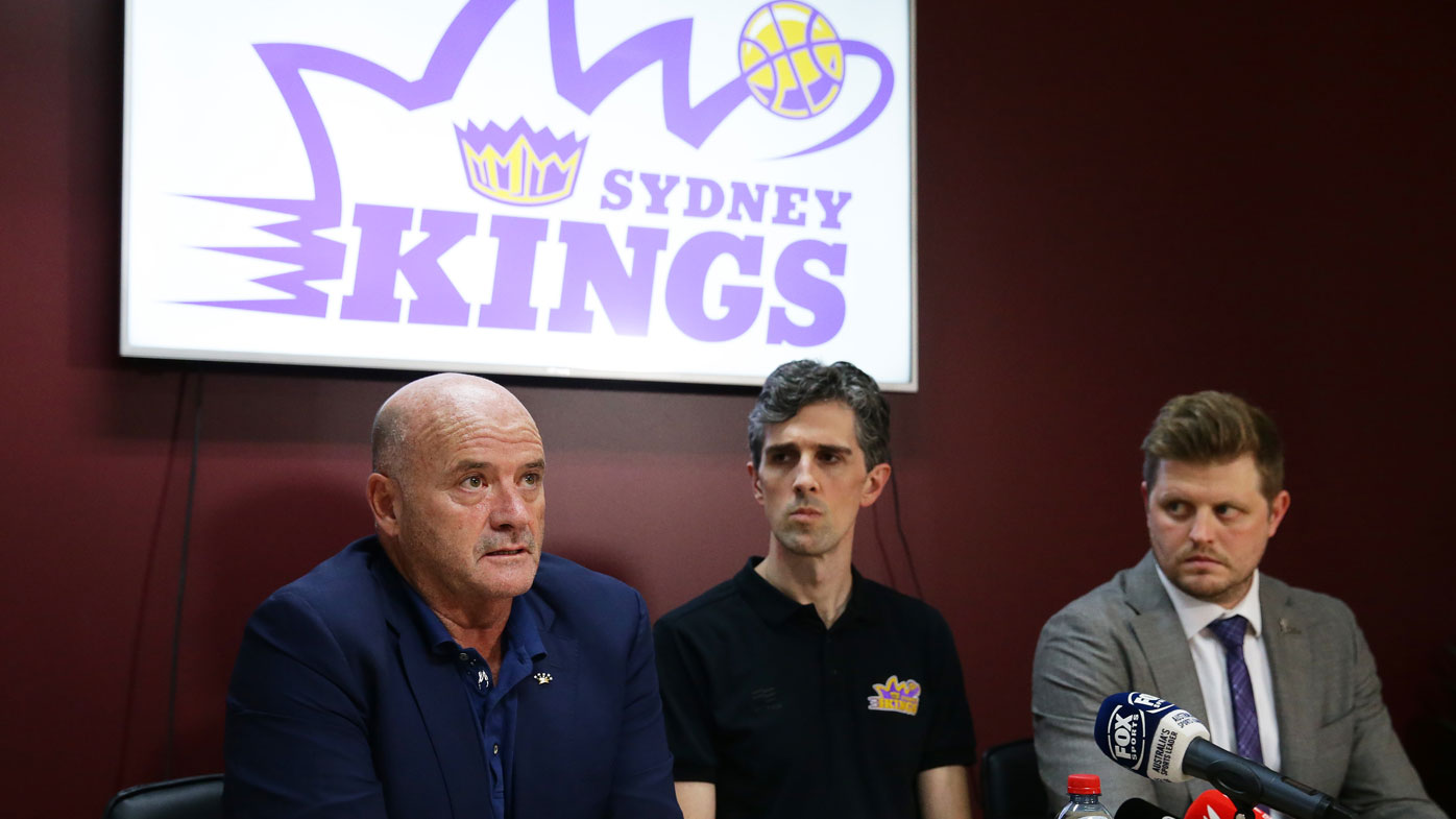 Sydney Kings chairman and owner Paul Smith, head coach Will Weaver and CEO Chris Pongrass speak to the media