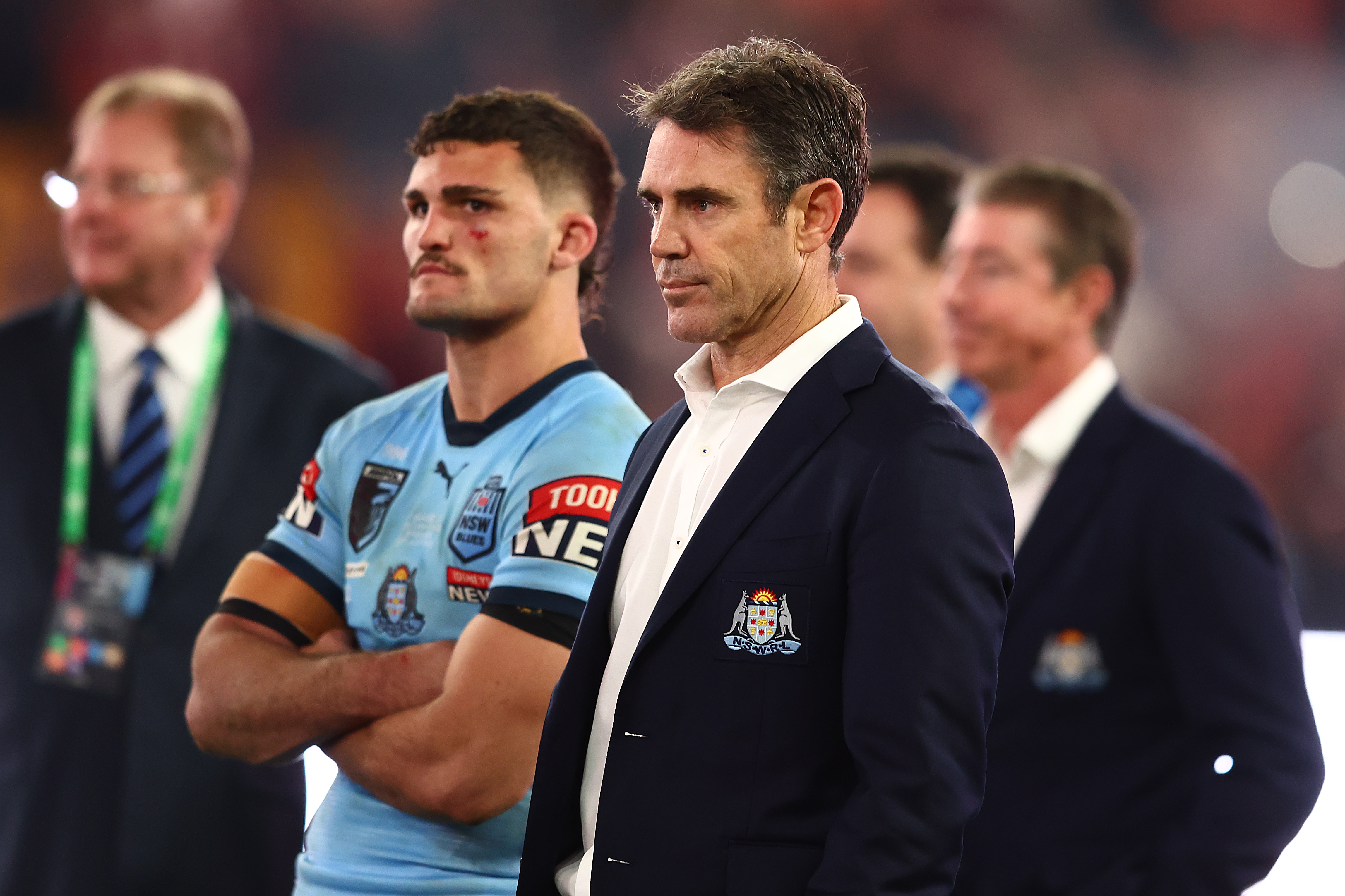 Blues coach Brad Fittler looks with dismay on after losing game three of the State of Origin series.