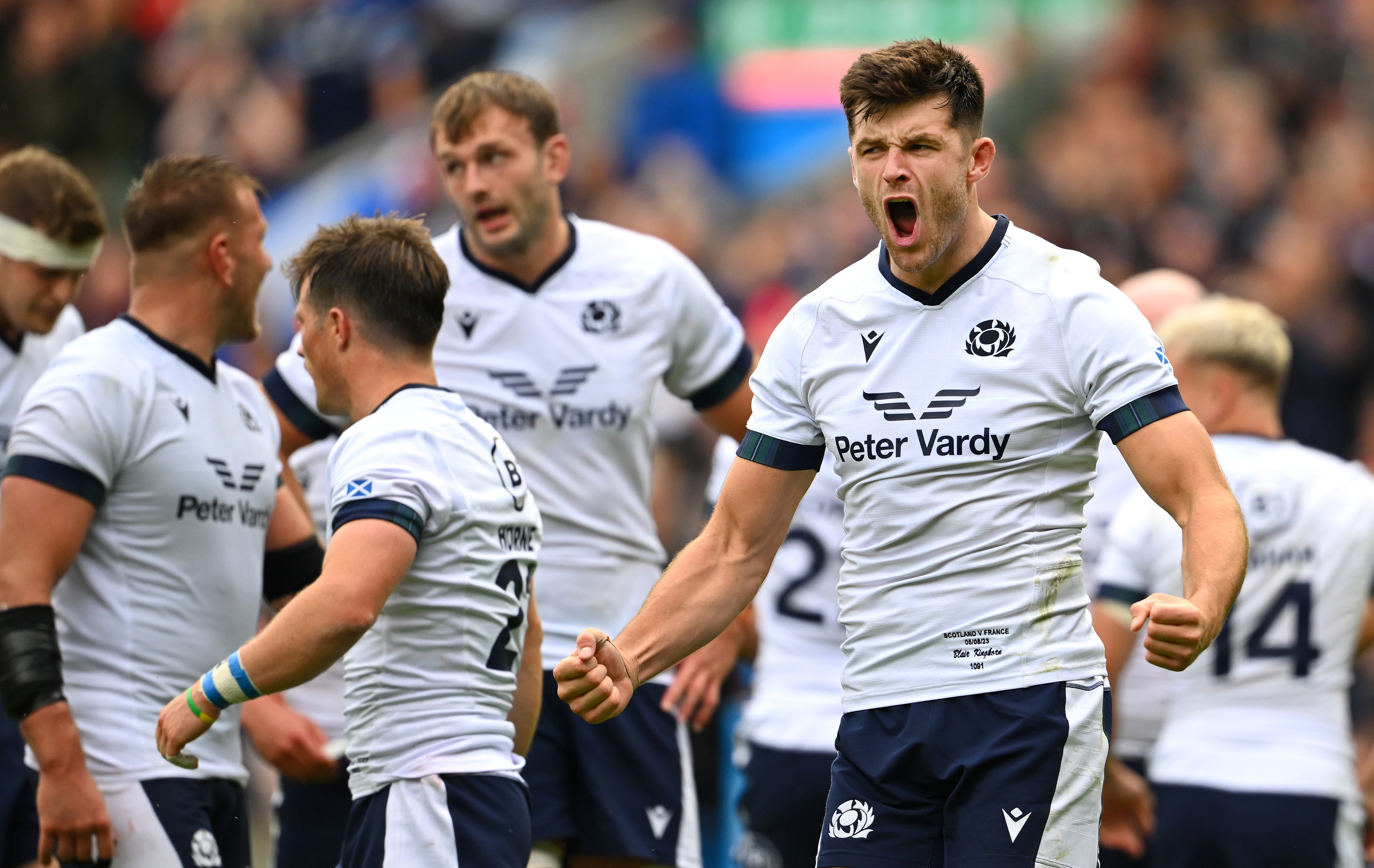 Blair Kinghorn of Scotland celebrates victory on the final whistle during the Summer International match between Scotland and France at Murrayfield Stadium.