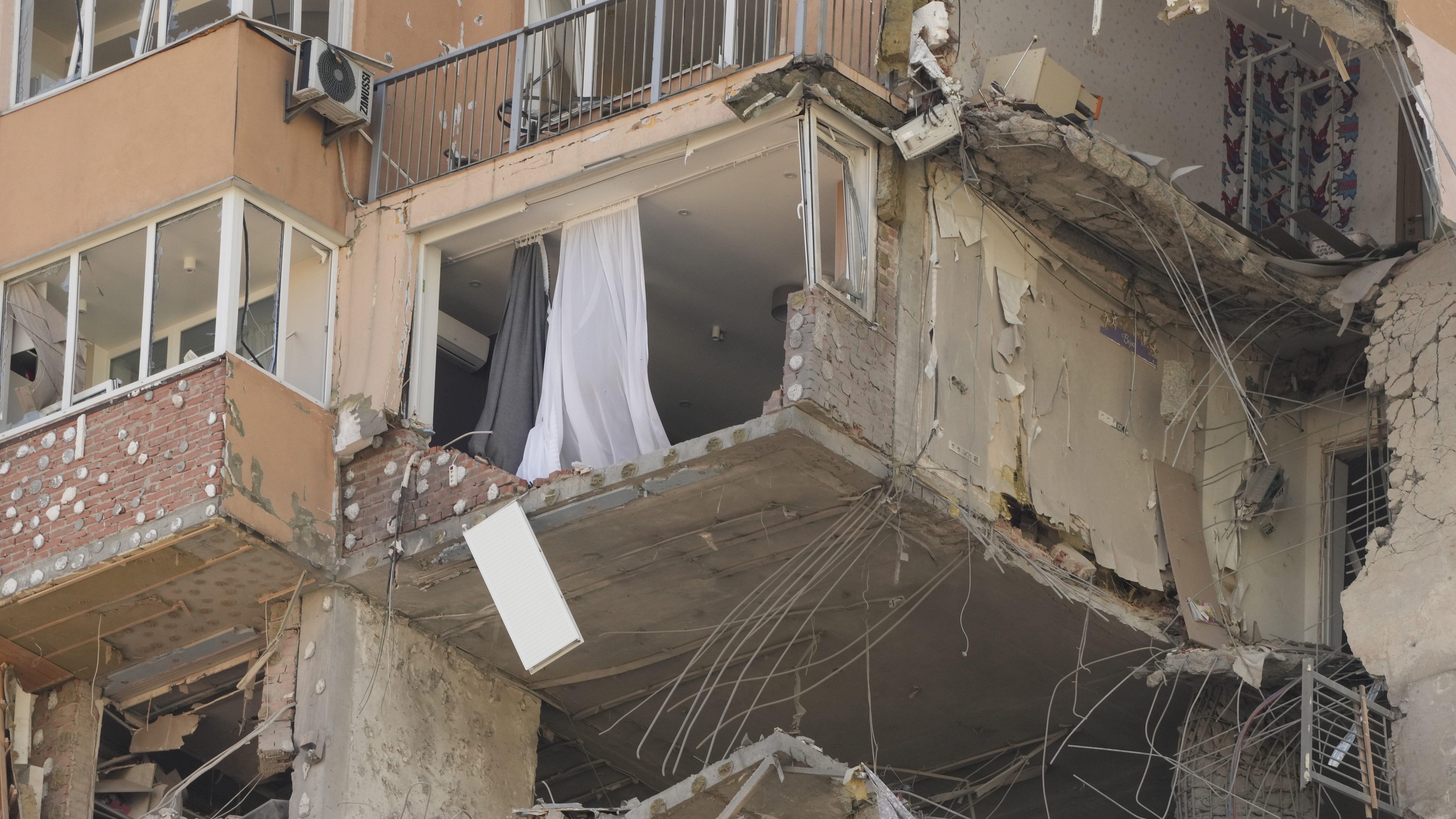 An apartment building damaged following a rocket attack on the city of Kyiv, Ukraine.