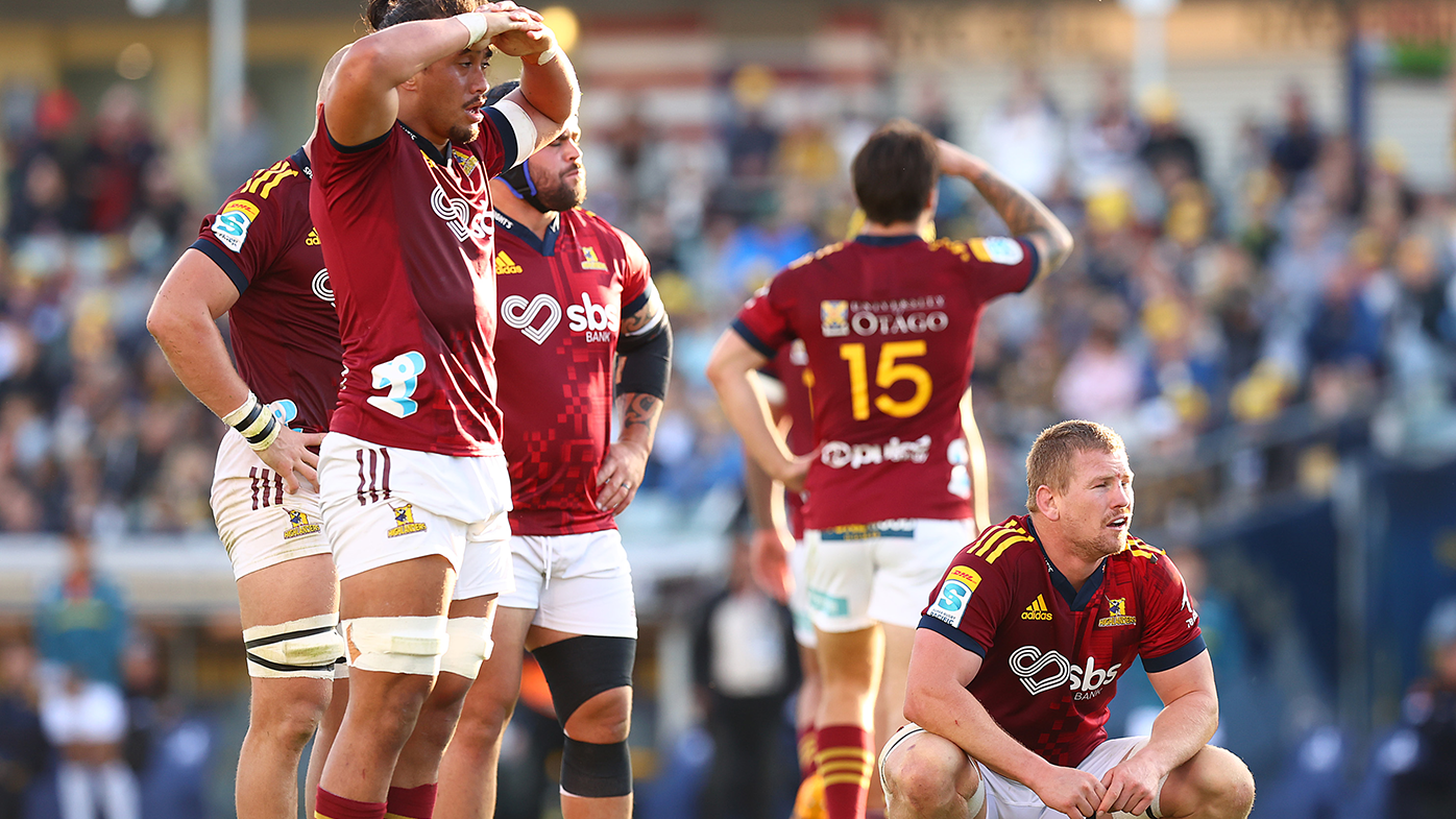 James Lentjes watches on with his Highlanders teammates after being defeated by the Brumbies.
