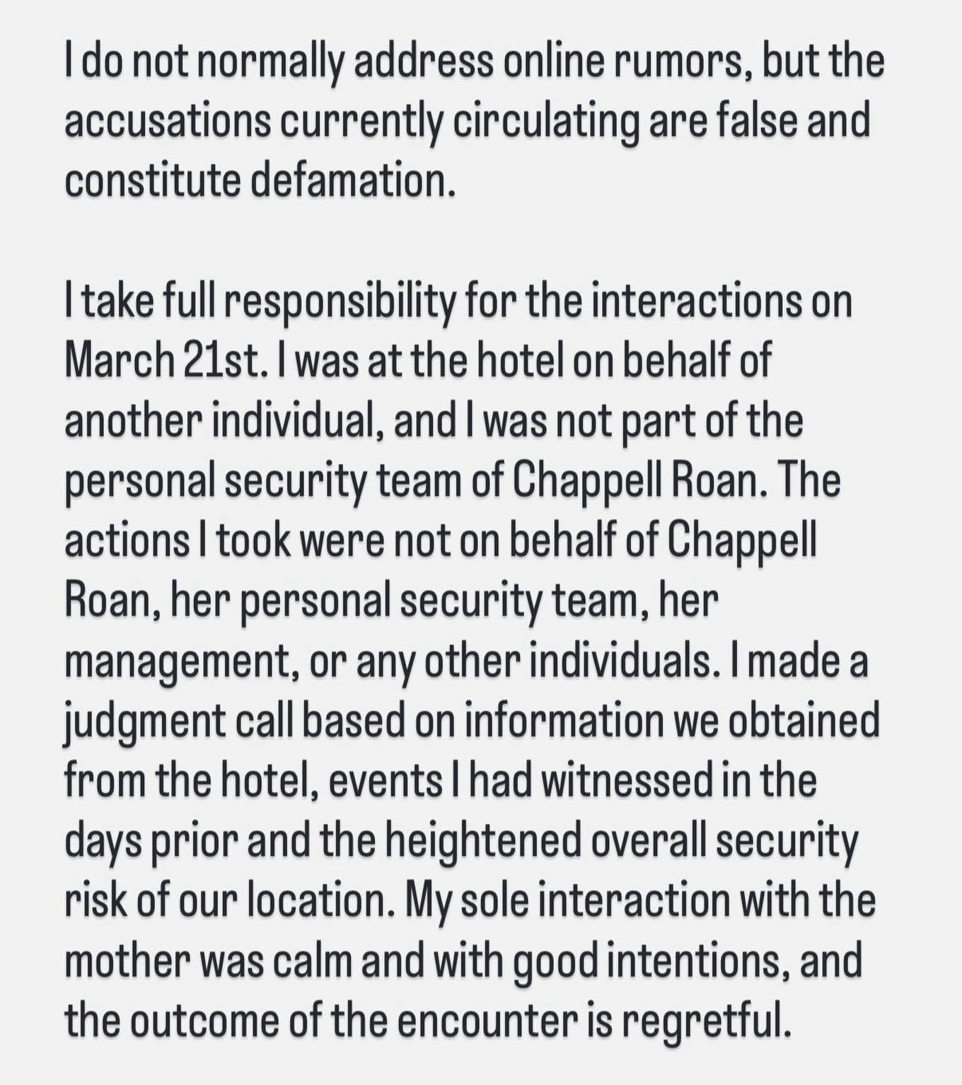 Chappell roan security guard speaks out after incident in hotel pascal duvier
