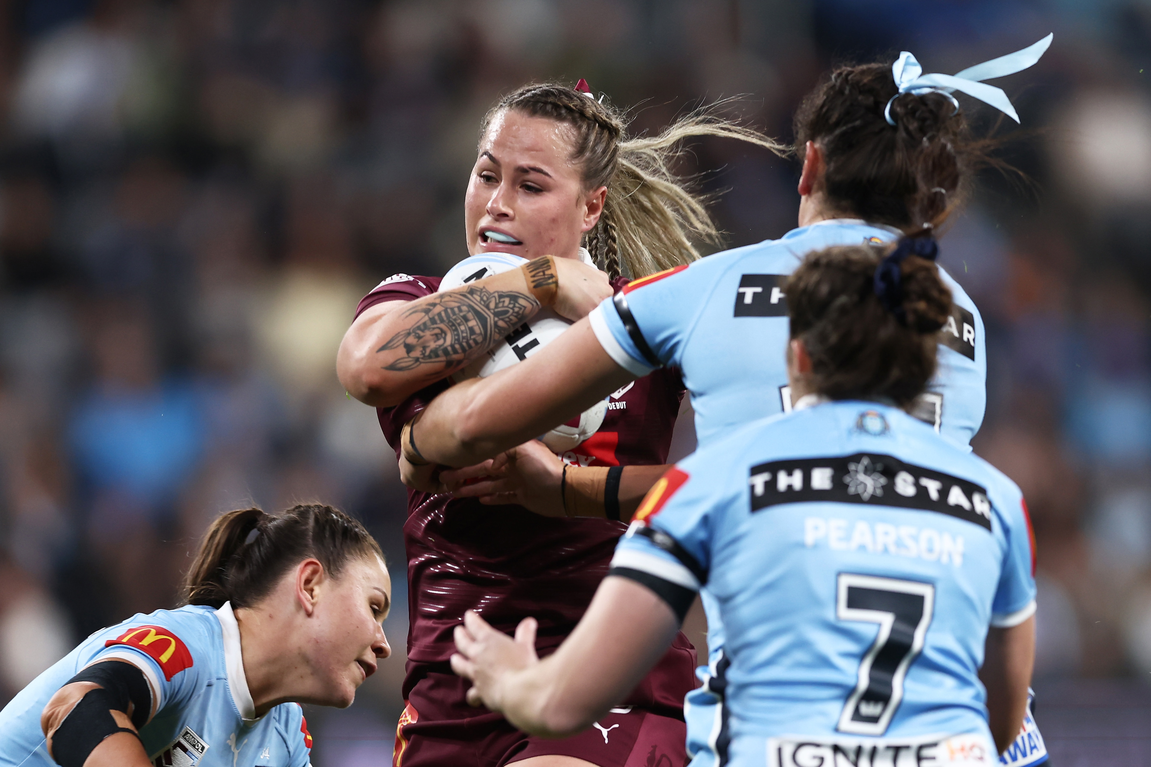 SYDNEY, AUSTRALIA - JUNE 01:  Keilee Joseph of the Maroons is tackled during game one of the Women's State of Origin series between New South Wales and Queensland at CommBank Stadium on June 01, 2023 in Sydney, Australia. (Photo by Matt King/Getty Images)