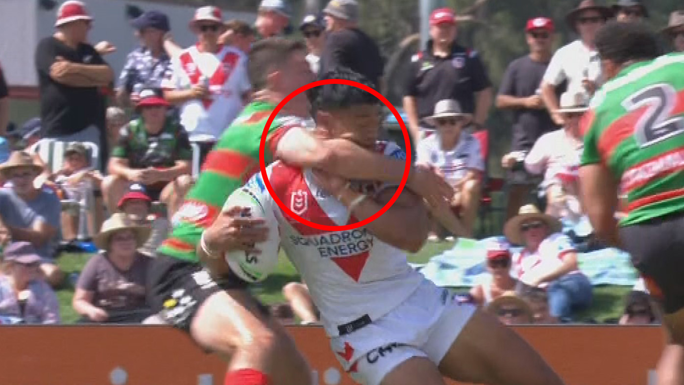 Lewis Dodd was sinbinned at half time for this high shot on Sione Finau during the Charity Shield.