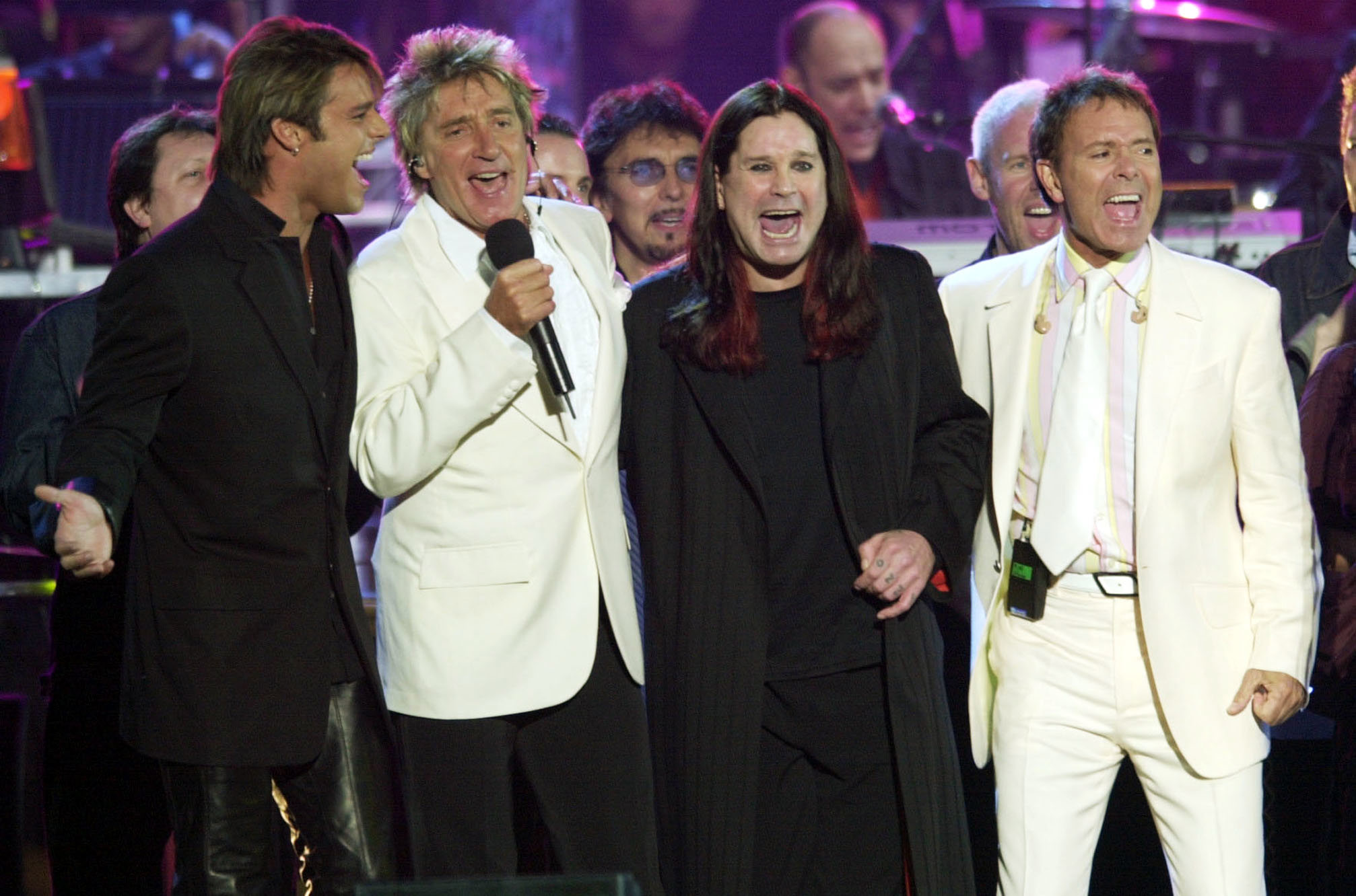 (Left to right) Ricky Martin, Rod Stewart, Ozzy Osbourne and Cliff Richard on stage during the Golden Jubilee concert at Buckingham Palace. (Photo by Stefan Rousseau - PA Images/PA Images via Getty Images)