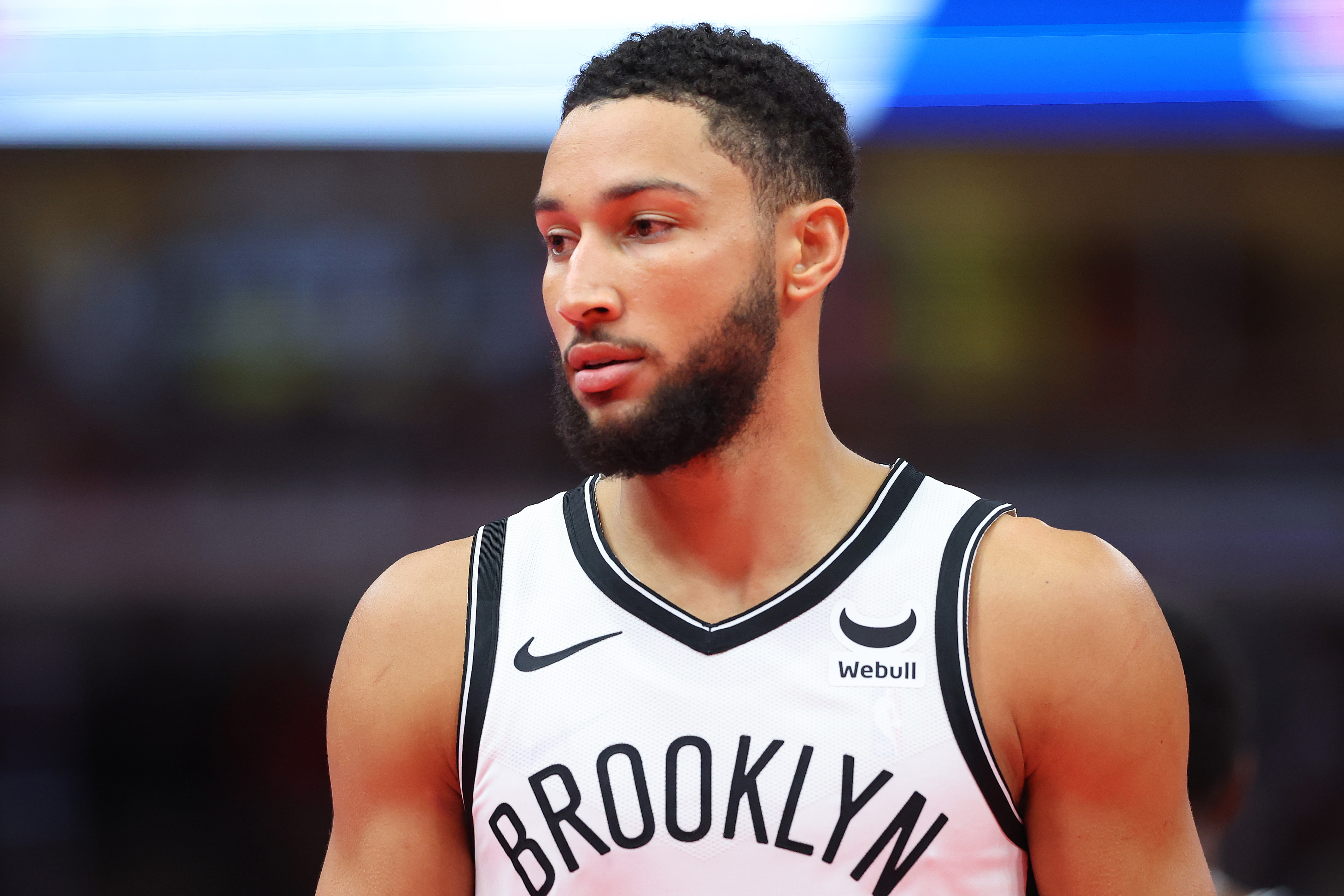 CHICAGO, ILLINOIS - NOVEMBER 03: Ben Simmons #10 of the Brooklyn Nets looks on against the Chicago Bulls in the first half of the NBA In-Season Tournament at the United Center on November 03, 2023 in Chicago, Illinois. NOTE TO USER: User expressly acknowledges and agrees that, by downloading and or using this photograph, User is consenting to the terms and conditions of the Getty Images License Agreement. (Photo by Michael Reaves/Getty Images)